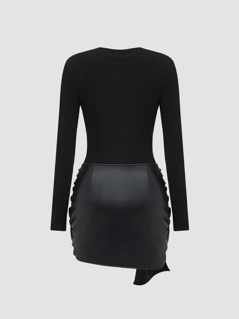 Women's patchwork knotted side ruched long-sleeved mini dress