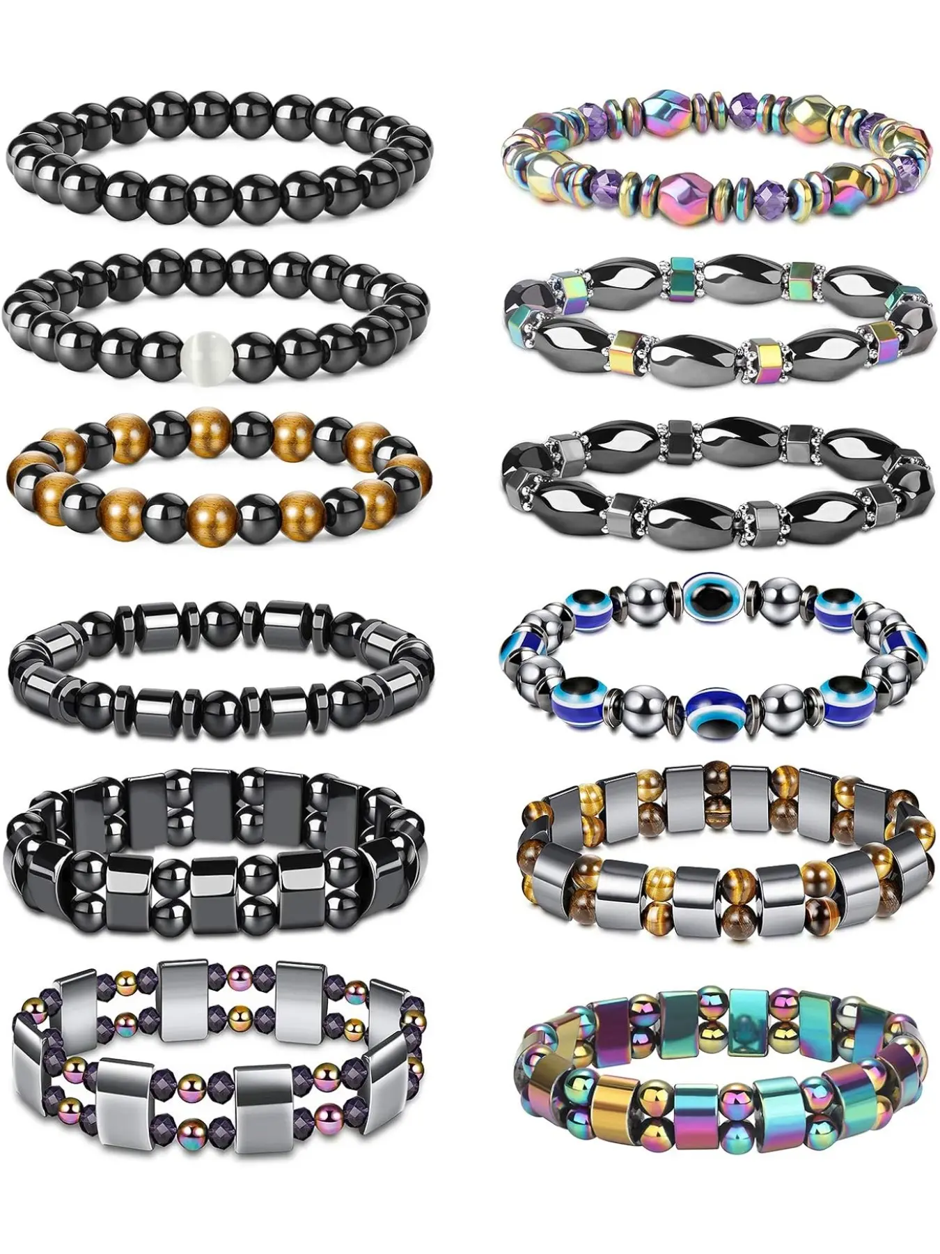 Hematite Magnetic Bracelet for Men Women Reiki Bracelet Tiger Eye Rainbow Beaded Stone Bracelets Set