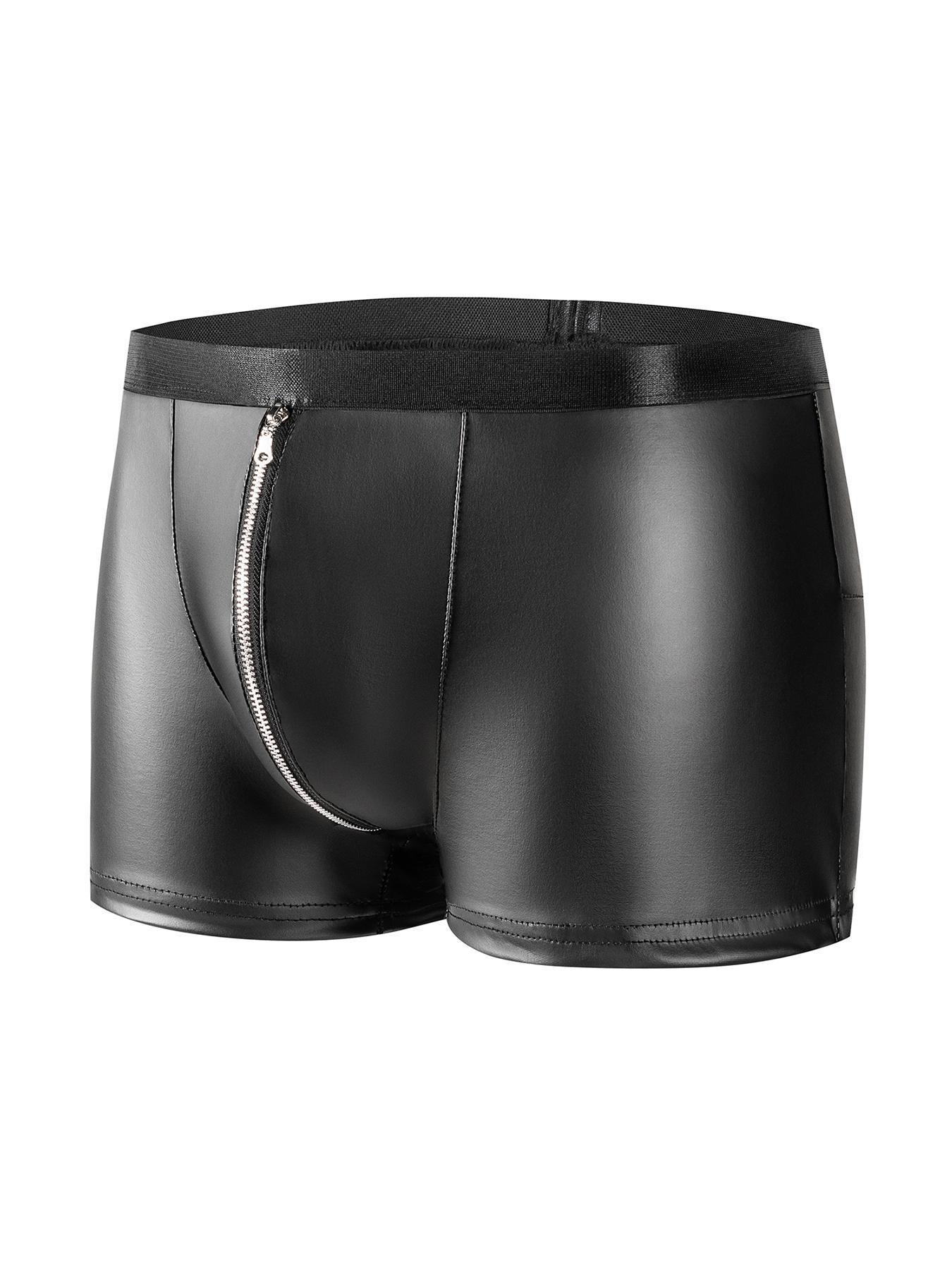 Men's Solid Color Zipper Open Crotch Boxer Briefs, Sexy Comfy Breathable PU Leather Underwear for Daily Wear, Fashion Men's Underwear for All Seasons