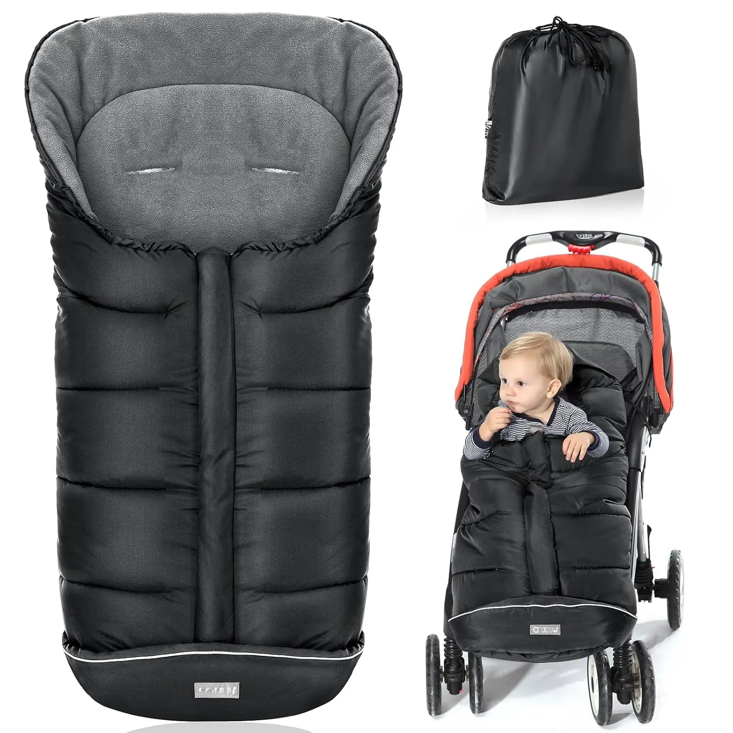 Universal Footmuff  Stroller, Winter Warm Baby Stroller Bunting Bag, Waterproof Windproof Warm Polar Fleece Lined  Toddler Stroller Sleeping Bag, Black