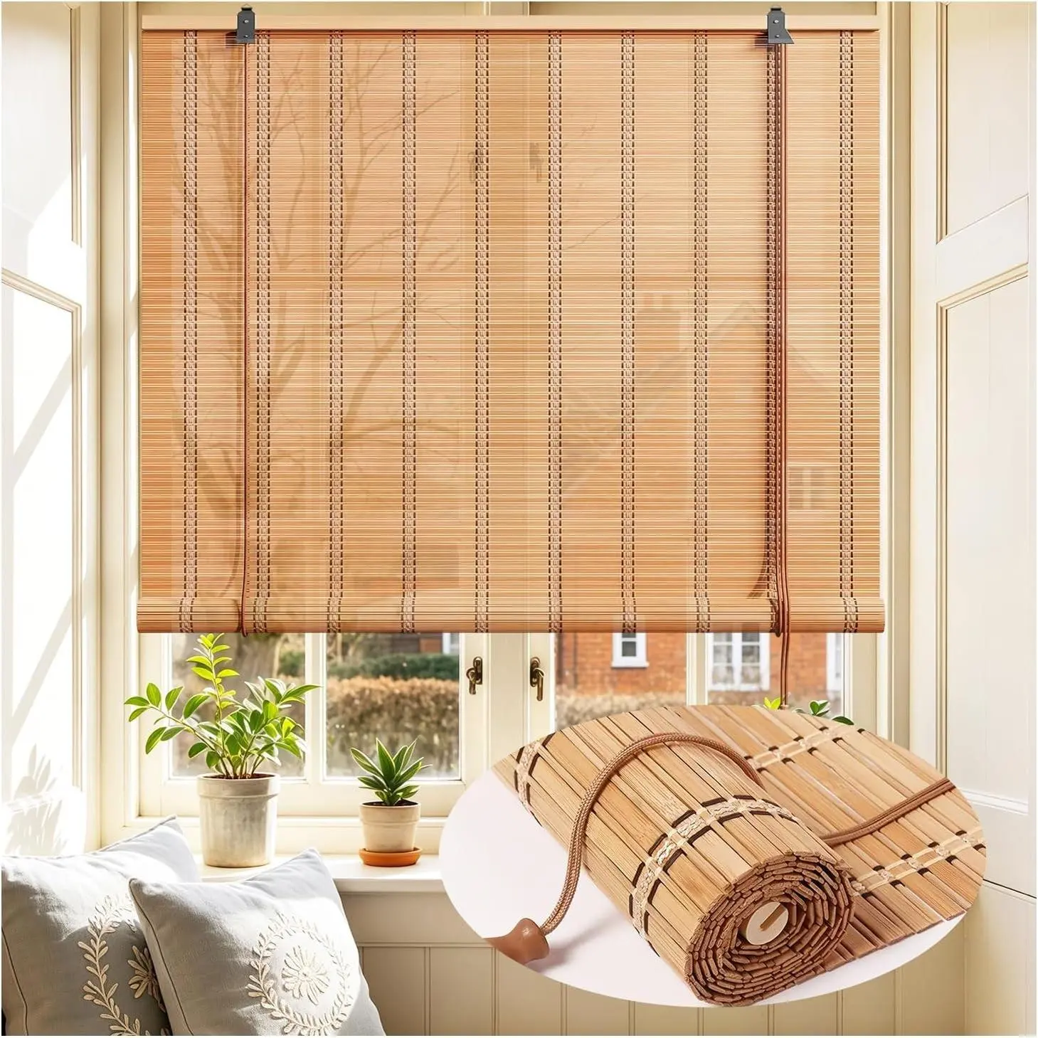 23x48 inch Bamboo Roman Blinds, Light Filtering Roll Up Sunshade Window Shades for Indoor Windows and Outdoor Patio, Easy to Install