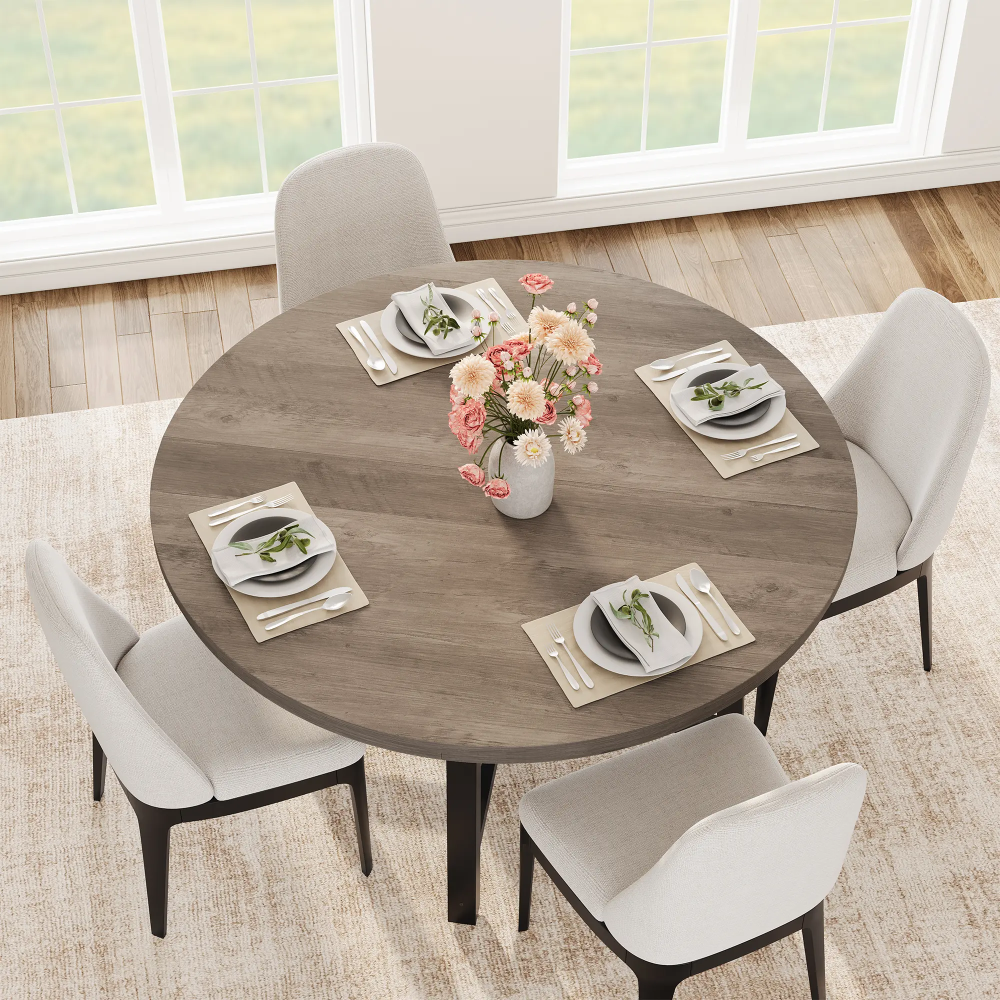 47" Industrial Round Dining Table Only, No Chairs Included. Rustic Brown Wood Top with Metal Frame, Circular Kitchen Table Accommodates 4–6 People