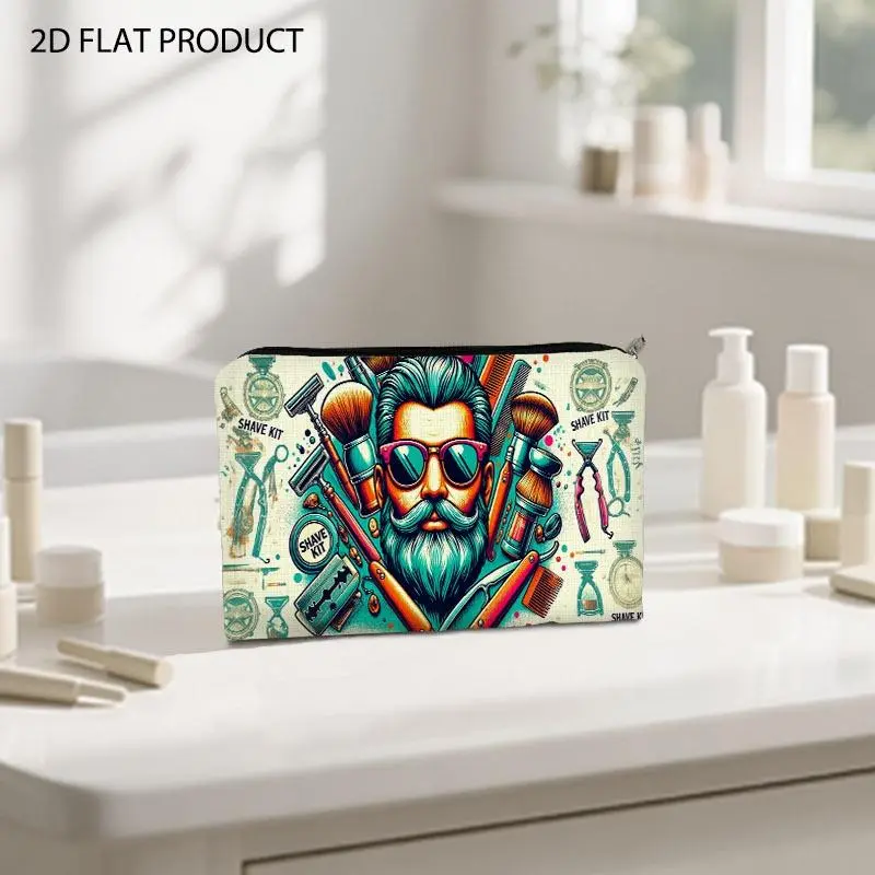 Vintage Barbershop Print Cosmetic Bag, Double-sided Pattern Design, 5.9*8.66inch Portable Storage Pouch for Organizing Makeup, Grooming Supplies & Small Daily Essentials