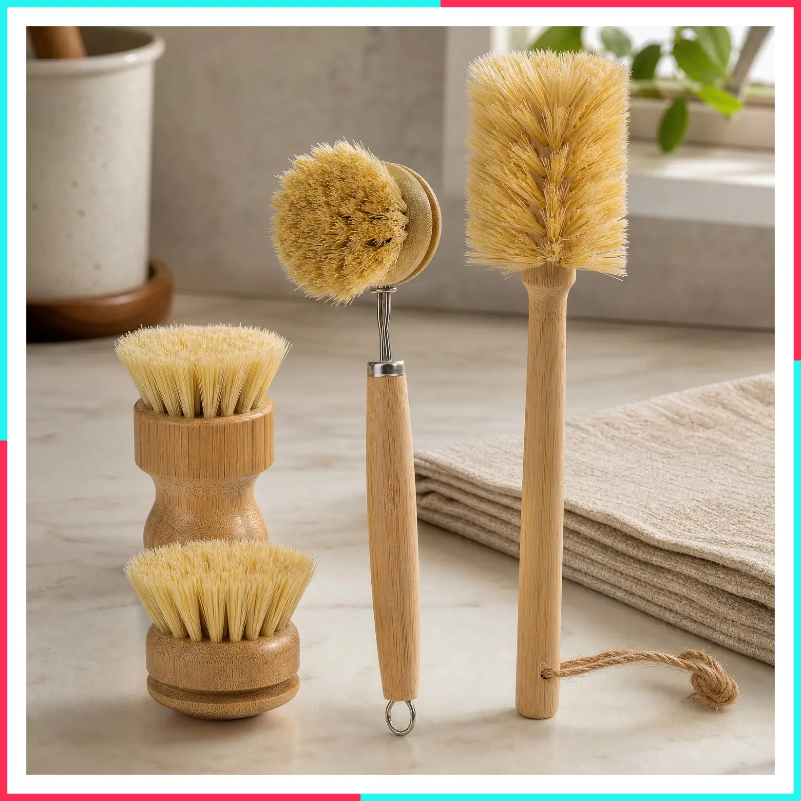5-Piece Bamboo Dish Brush Set with 11.5'' Long Handle Bottle Brush, Sisal Bristles, 3 Pot Brushes, 1 Replaceable Head, Natural Kitchen Brushes for Pots, Pans, Sink, Vegetables