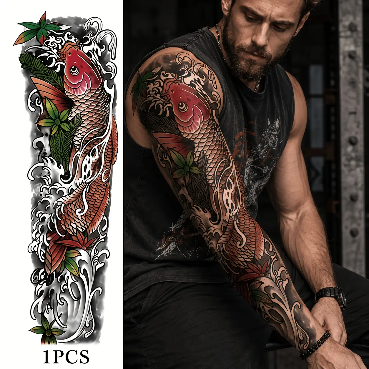 1-Piece Large Size Koi Fish Full Arm Sleeve Temporary Tattoo Sticker, 7.09x22.83in Waterproof Fake Tattoo for Men, Floral Waves Body Art for Arm (Sports & Outdoor Accessories Compatible)