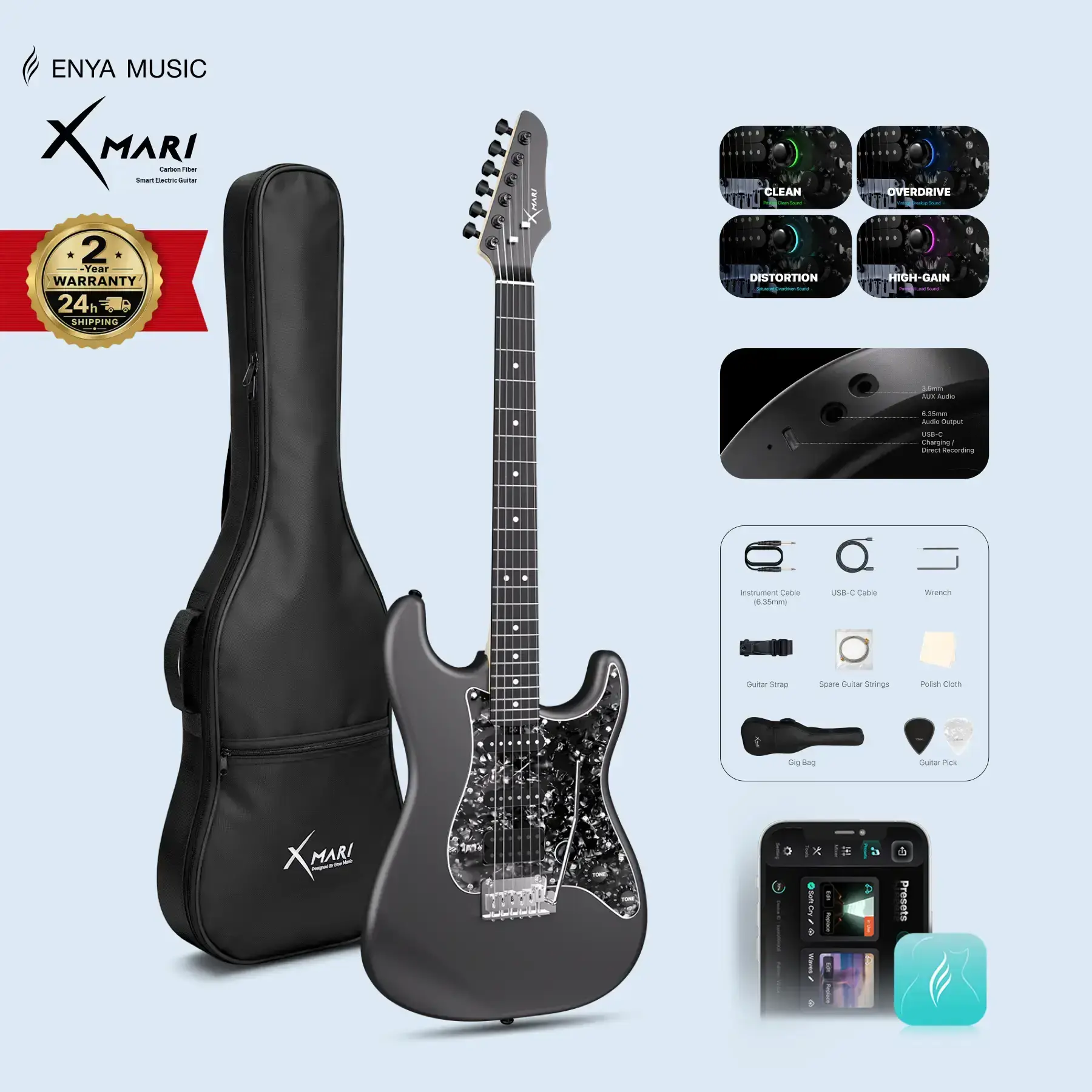 【Zero Gear Rocker】Xmari Smart Electric Guitar with DSP Effects, 4 Presets, USB C OTG Recording, Headphone Output, Alnico Pickups w/Coil Split, Carbon Fiber Body Gig Bag Strap Cable & Picks【no built in amp】24 Hour Shipping 2 Year Warranty DealsForYouDays