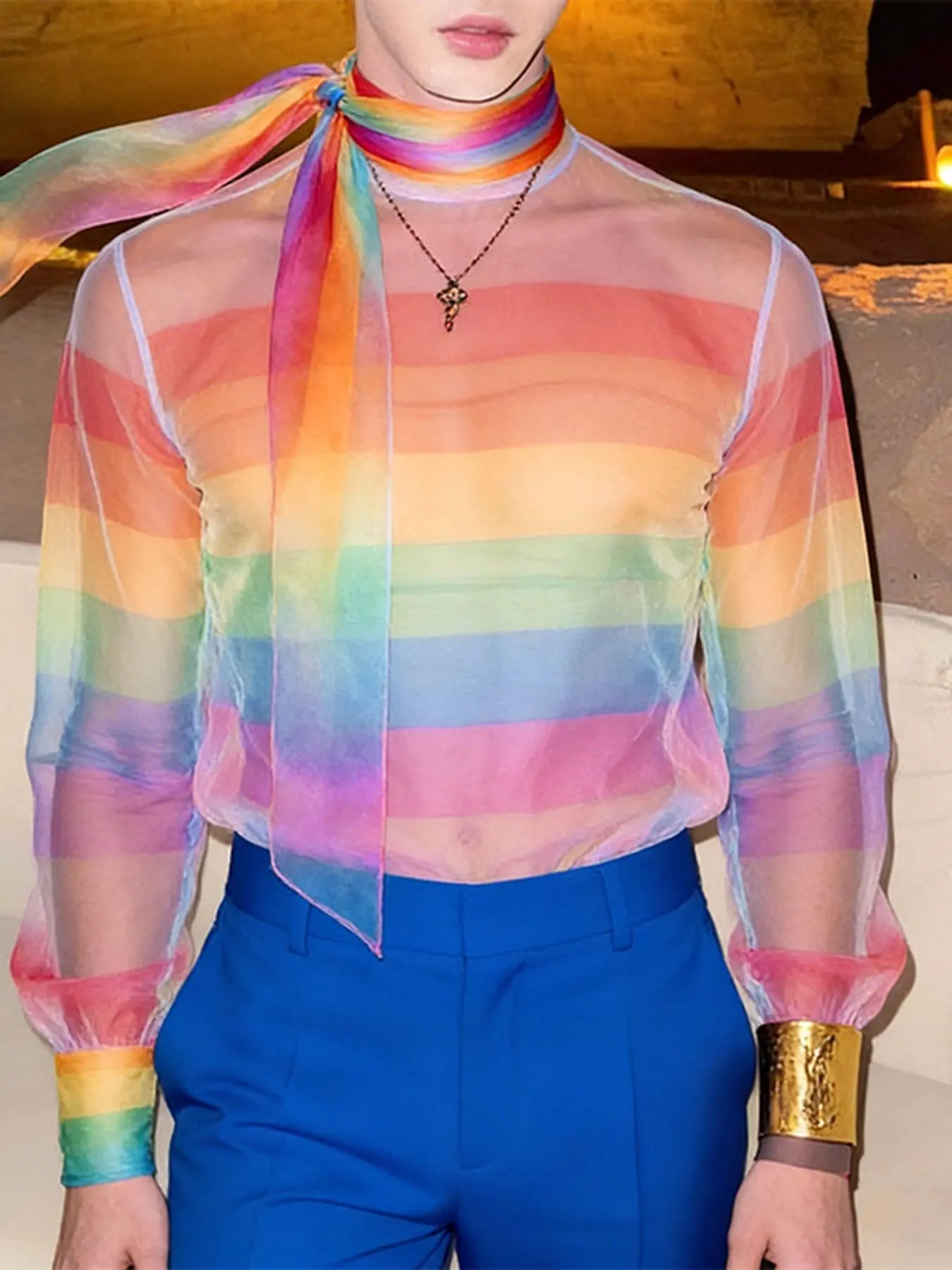 INCERUN Men's Transparent Print Rainbow Lace-Up Long Sleeve Shirt for Party Wear, Stylish Festival Top with Unique Visual Appeal