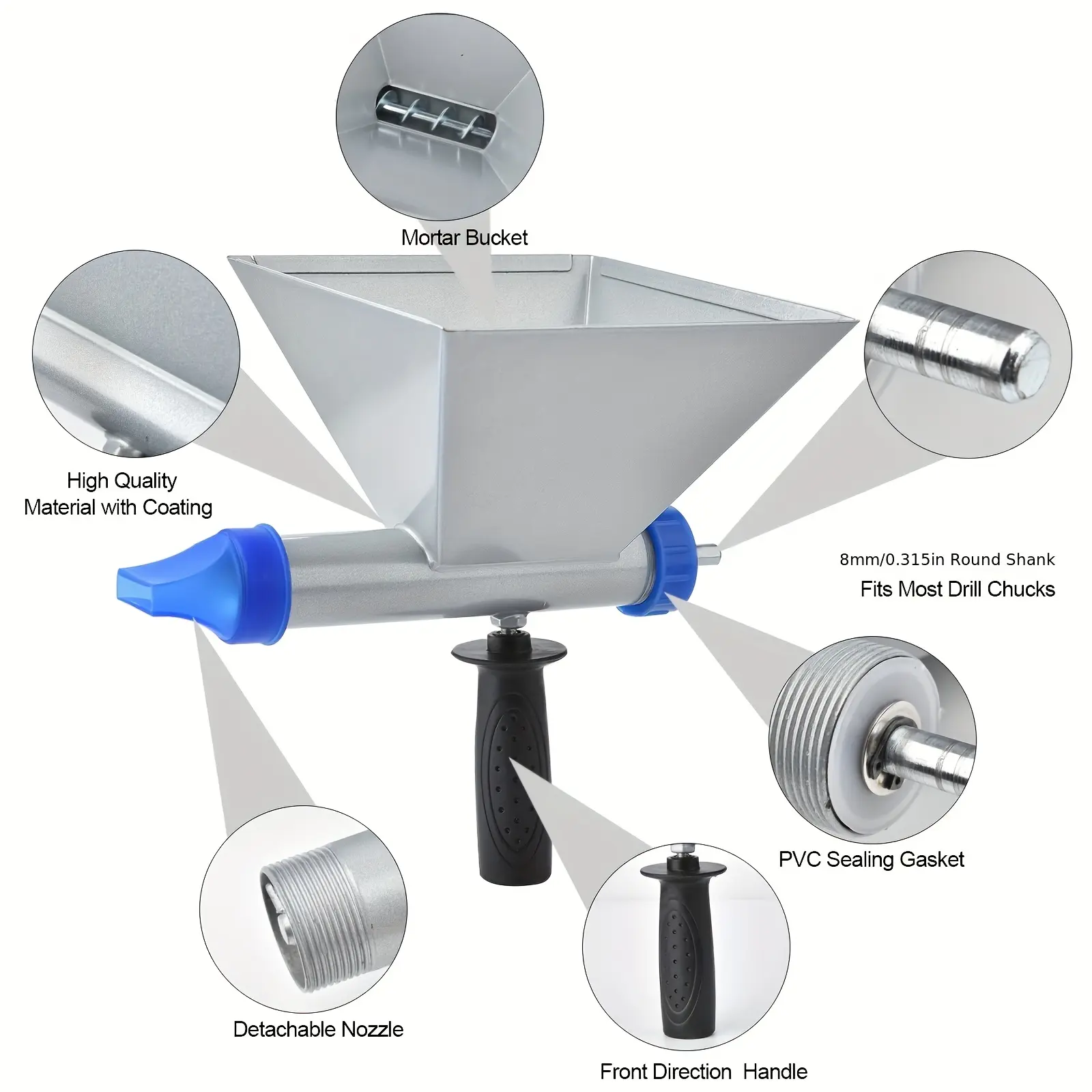 Compact Portable Manual Full Spiral Mortar Grouting Gun - Heavy Metal Tool with 5 Nozzles, for DIY Projects, Walls/Brick/Floor, Ideal for Home Supplies Users (Drill Bit Excluded)