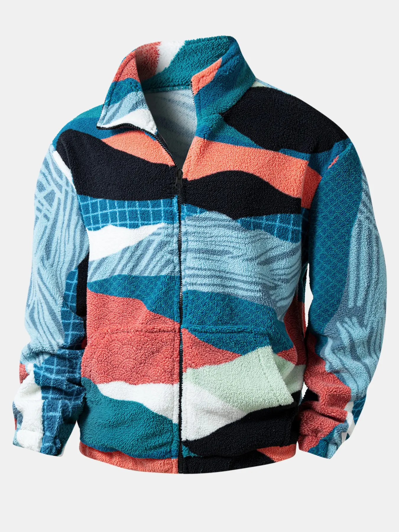Winter Trendy Abstract Graphic Plush Fleece Jacket for Men, Full Zip-Up Stand-Collar Fluffy Outerwear, Ideal for Travel, Jogging, Daily Wear