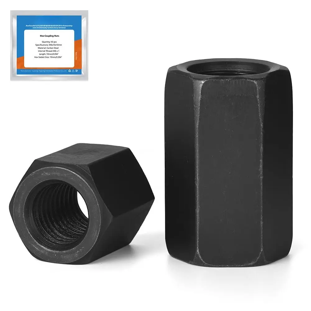 Hex Coupling Nuts, 8 count M10 x 17 x 30mm Threaded Rod Coupling Nut S45C Carbon Steel Metric Long Hexagon Studding Connector Black