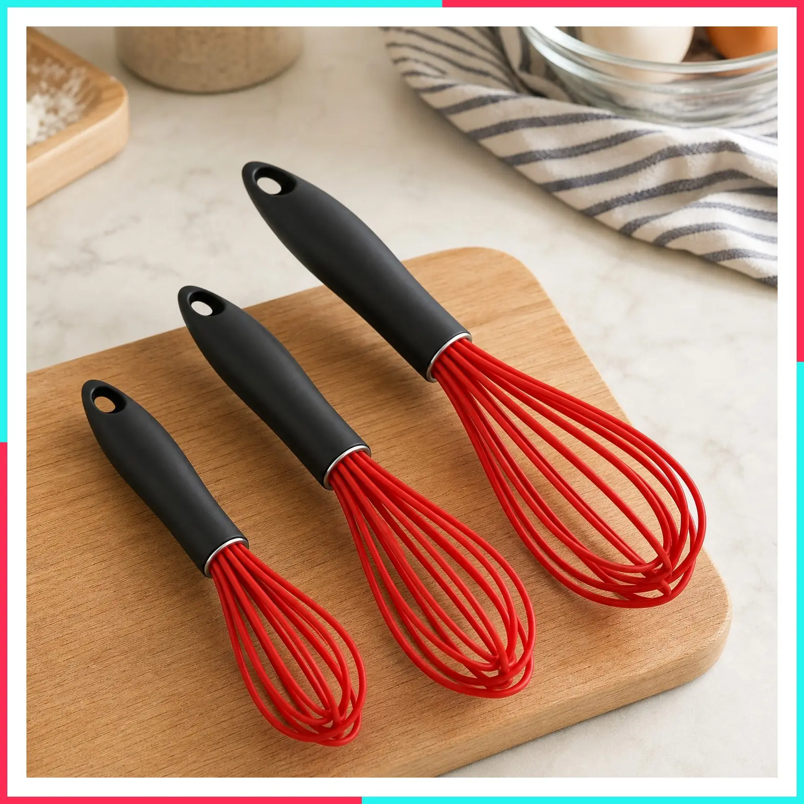 Silicone Whisk, Thick Stainless Steel Wire Inner - Heat Resistant Kitchen Whisks for Non-Stick Cookware, Balloon Egg Beater for Whisking, Blending, Beating, Frothing & Stirring (Red)