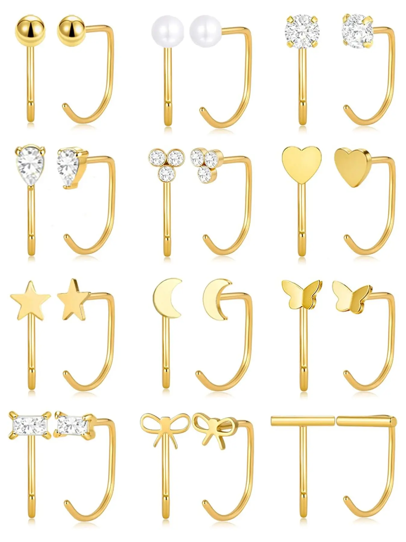 12Pairs Minimalist Gold Plated Stainless Steel, Multi-Style CZ Pearl Heart Moon Bow Huggie Open Half Hoop Earrings For Women Cartilage Piercing Daily Stack Jewelry