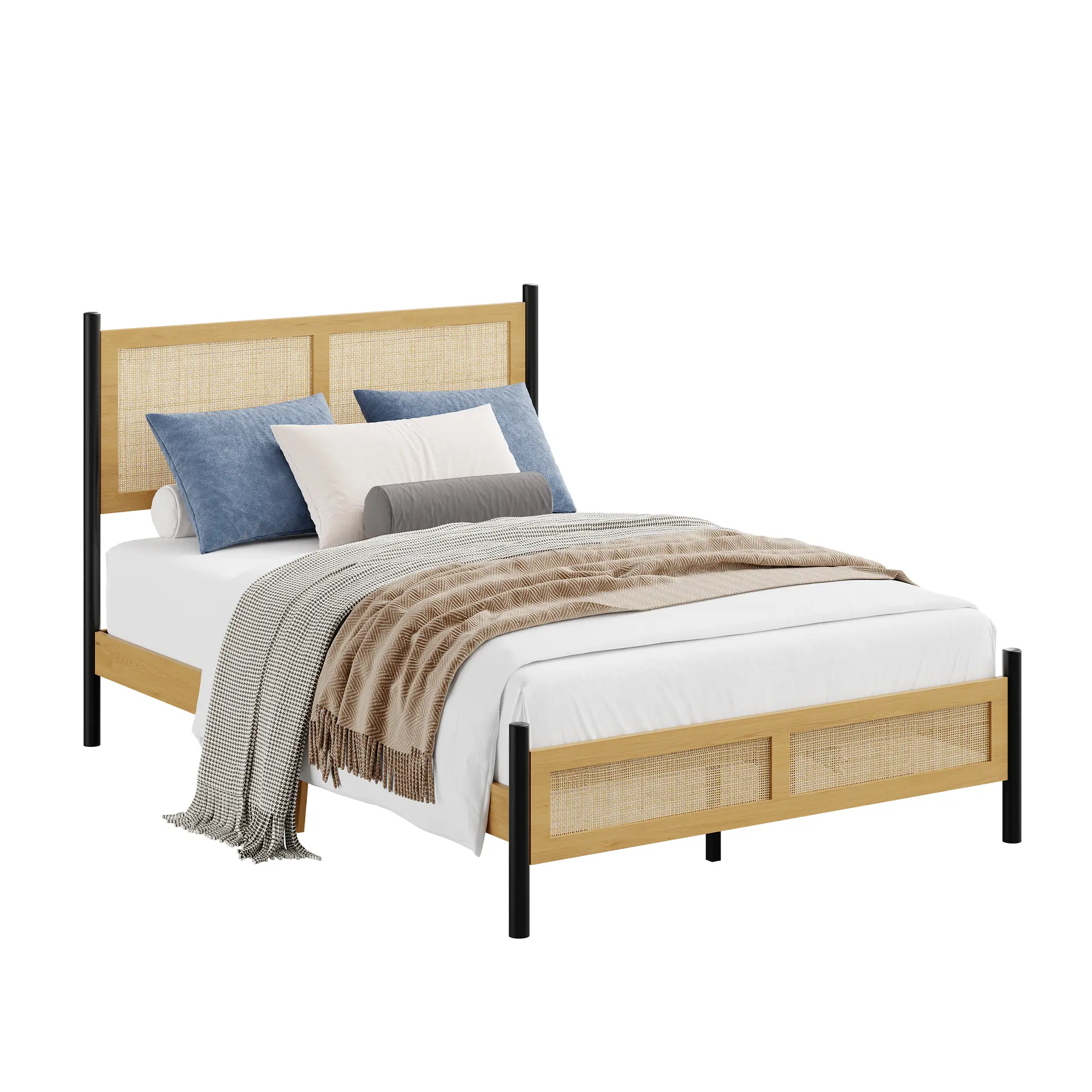 Rattan Platform Bed Frame – Boho Handwoven Wicker Headboard, Sturdy Wood Slats, Under-Bed Storage, No Box Spring, Quiet Design – Twin/Full/Queen – Natural Wood