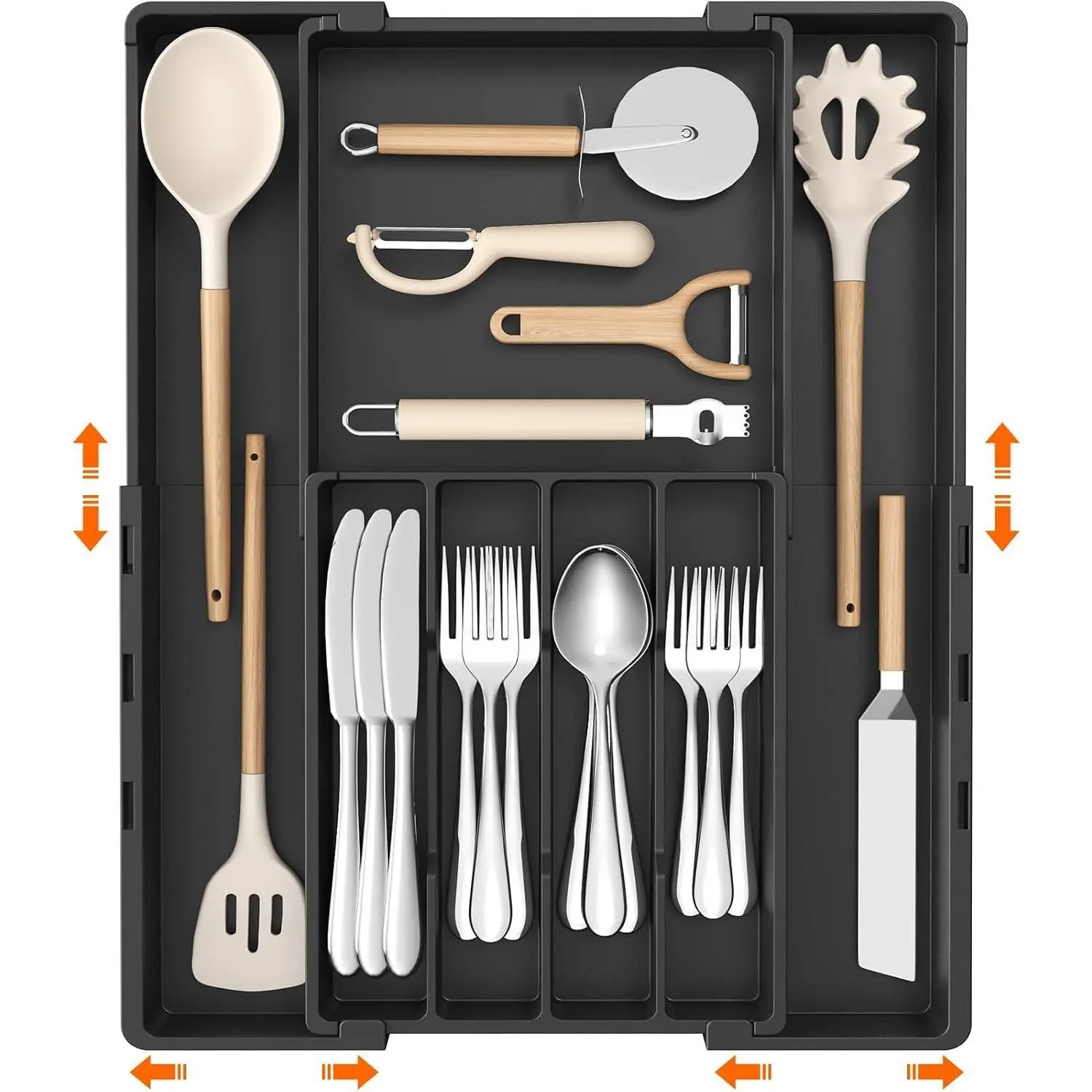 Expandable Silverware Drawer Organizer, Utensil Tray for Kitchen |  Flatware and Cutlery Holder, Adjustable Plastic Storage for Spoons Forks , 8.9-14.3 x 11.3-19.4 x 1.7", Black