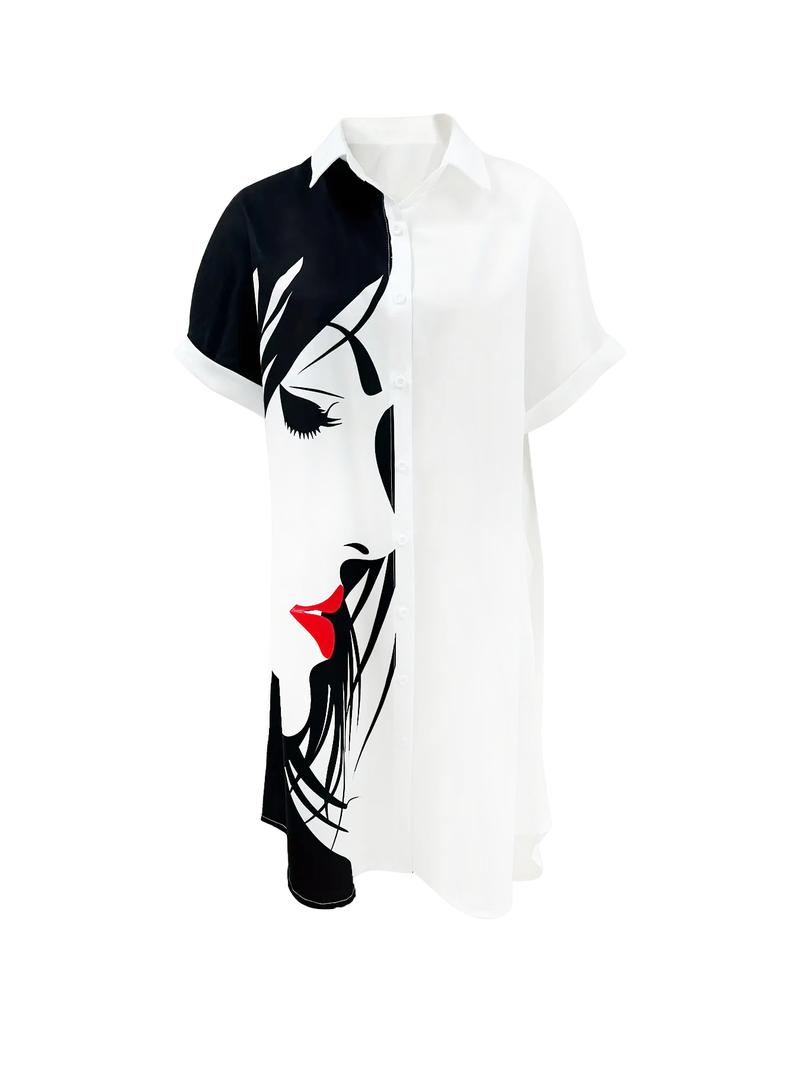 Women's Cartoon Face Print Curved Hem Shirt Dress, Casual Batwing Sleeve Knee Length Dress for Summer, Ladies Clothes for Holiday Vacation