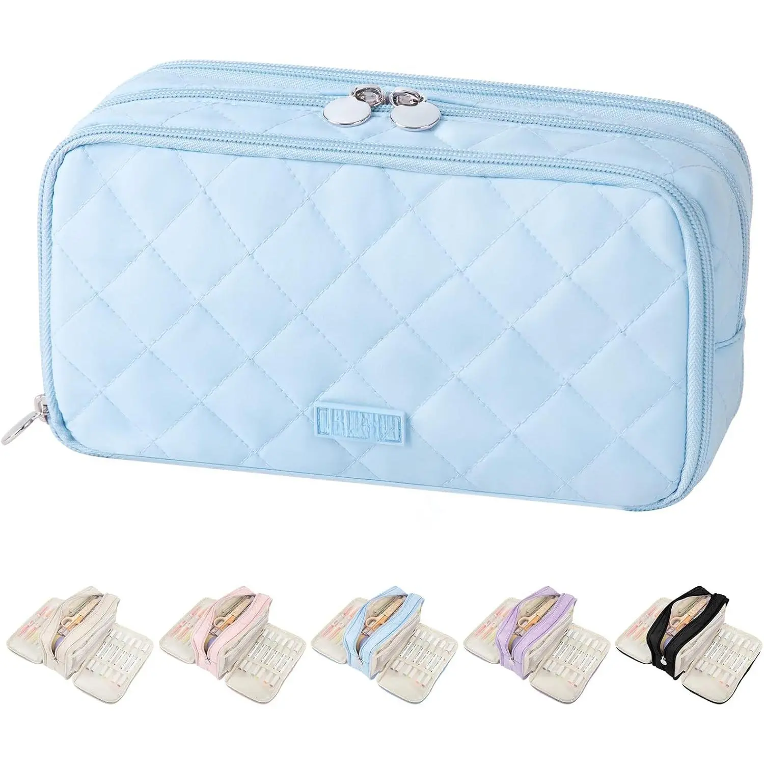 Cute Pencil Case for School, Soft Quilted Pencil Pouch Organizer with 3 Compartments, Large Double Zipper Pencil Bag for Teen Girls, Boys & Women (Blue)
