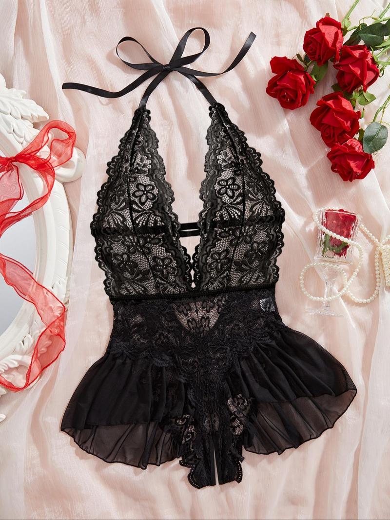 Romantic Valentine's Day Gift, Women's Sexy Lace Underwear, Deep V Neck, Smooth Fabric, Semi-Transparent, All Seasons Sleeveless, Lingerie Nightwear