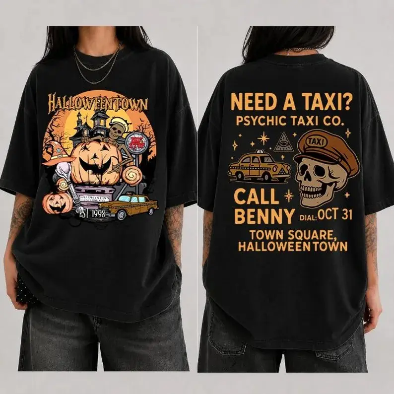 Halloweentown EST 1998 Skeleton Taxi Driver Print Washed T-shirt,Double-sided Halloween T-shirt, Retro Halloweentown Shirt, Halloweentown University Tees, Halloween Crewneck Gifts