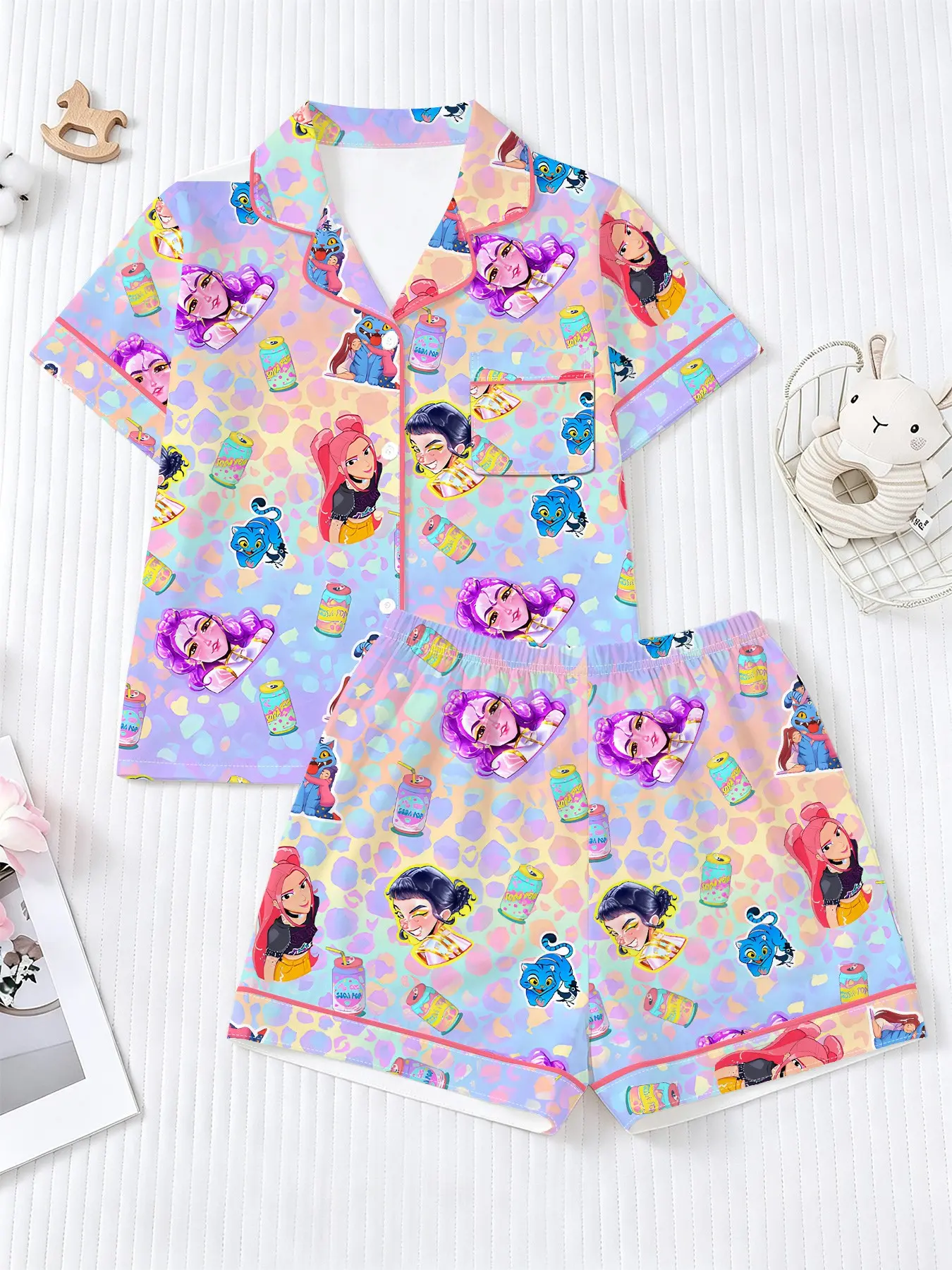 Girl Macaron Leopard Print Anime Series Pajamas, Four-Season Comfortable Sleepwear, Creative Anime Pajama Set, Casual College Style, Perfect Gift