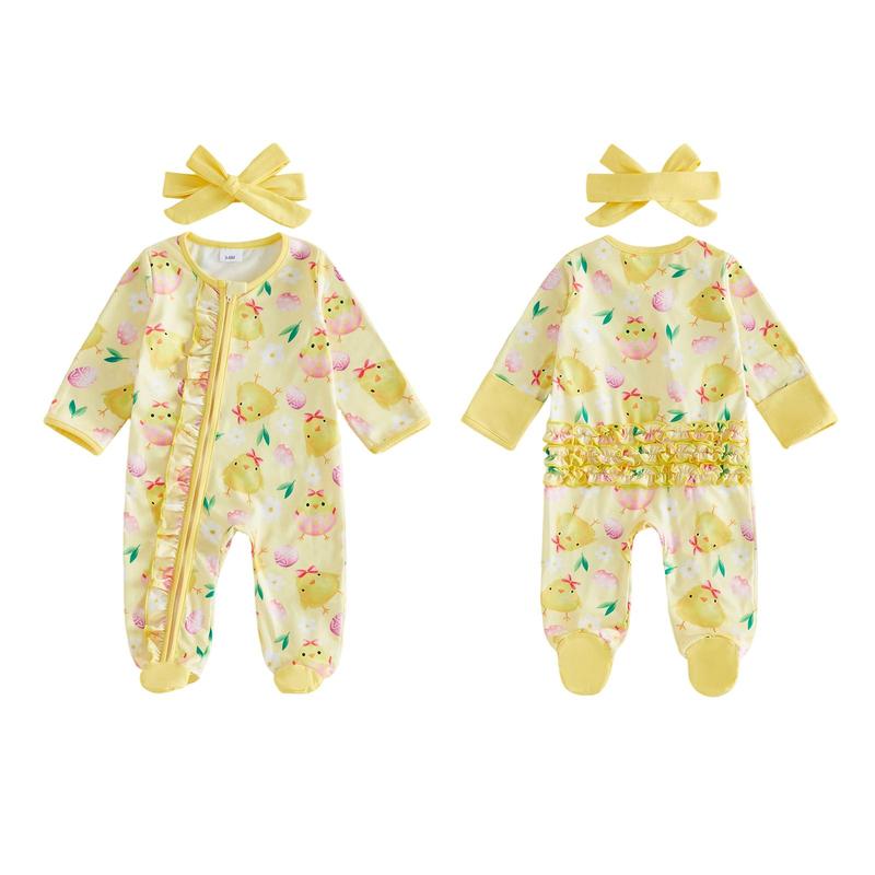 Newborn Baby Girl Easter Outfit Chick Egg Floral Long Sleeve Zip-up Footed Jumpsuit with Headband 2 Piece Spring Set