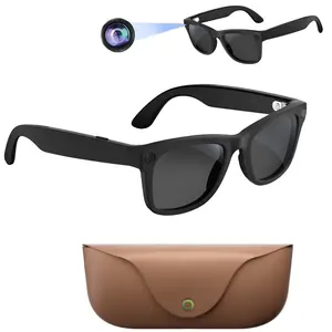 Bluetooth AI Smart Glasses for Video，8MP Camera, Leather Charging Case, Anti-Shake Video Recording, 2GB Memory Build-in, TR90 Frame, 300Mah Battery, IP65 Waterproof, AI Translation, Bluetooth Calling, Listen Music , 2Lenses (Anti-Blue &Sunglasses )