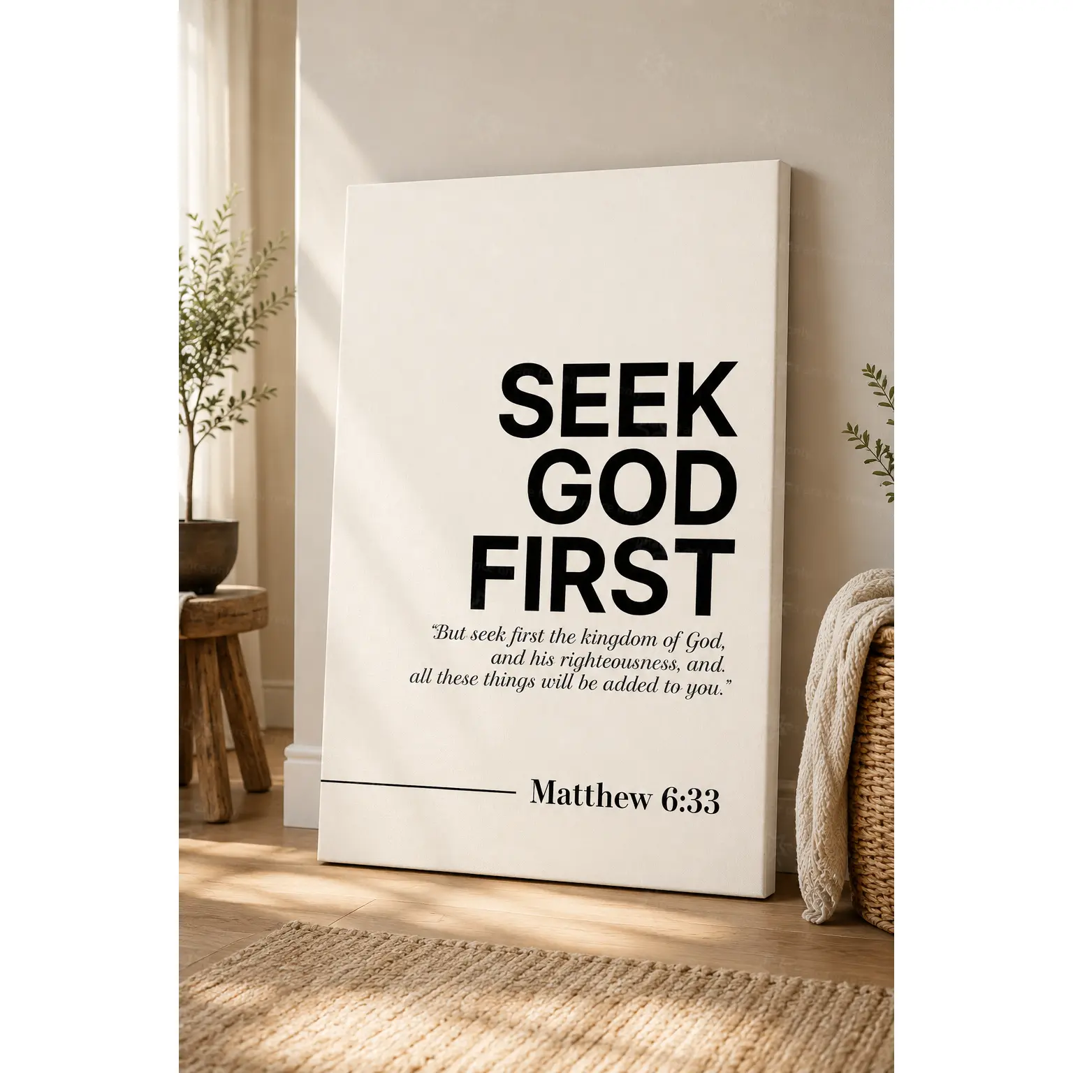 Seek God First Matthew 6:33 Christian Wall Art Canvas, Black and White Scripture Quote for Living Room Bedroom Prayer Room Office, Minimalist Faith Home Decor, Decorative Poster, Poster Prints, Unframed Canvas Poster or Framed Canvas Wrap