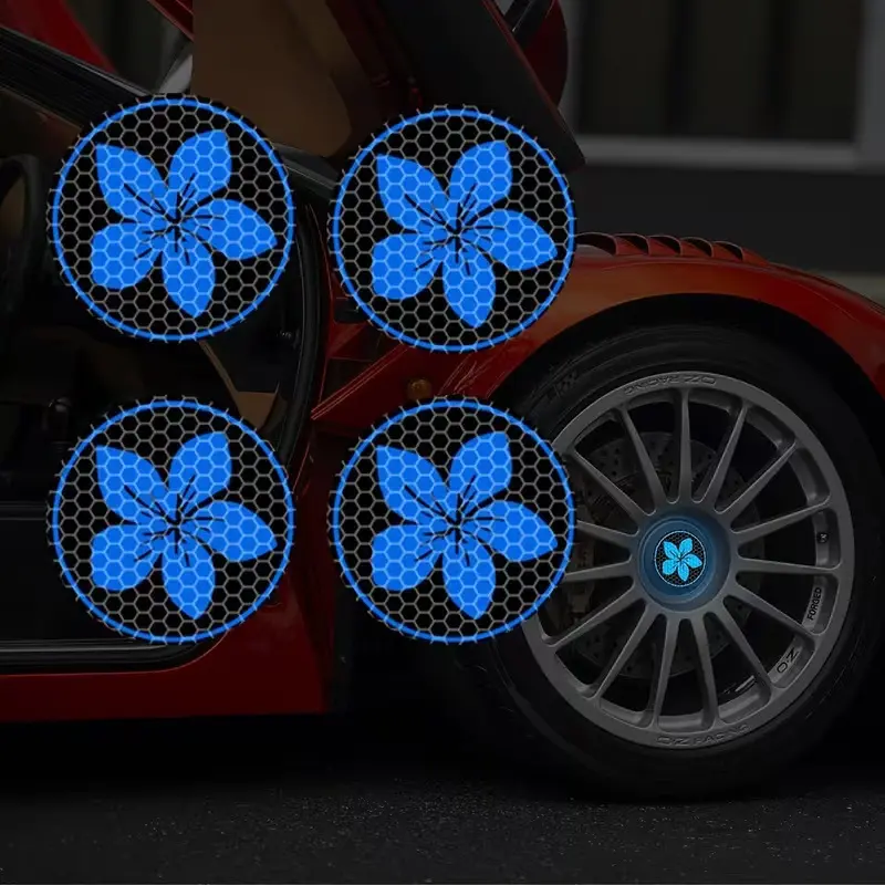 Daisy Pattern Reflective Wheel Hub Center Cap Sticker – Waterproof Vinyl Automotive Decal with Night Safety Warning Reflector, Universal Fit Decorative Tire Stickers for Car SUV Truck
