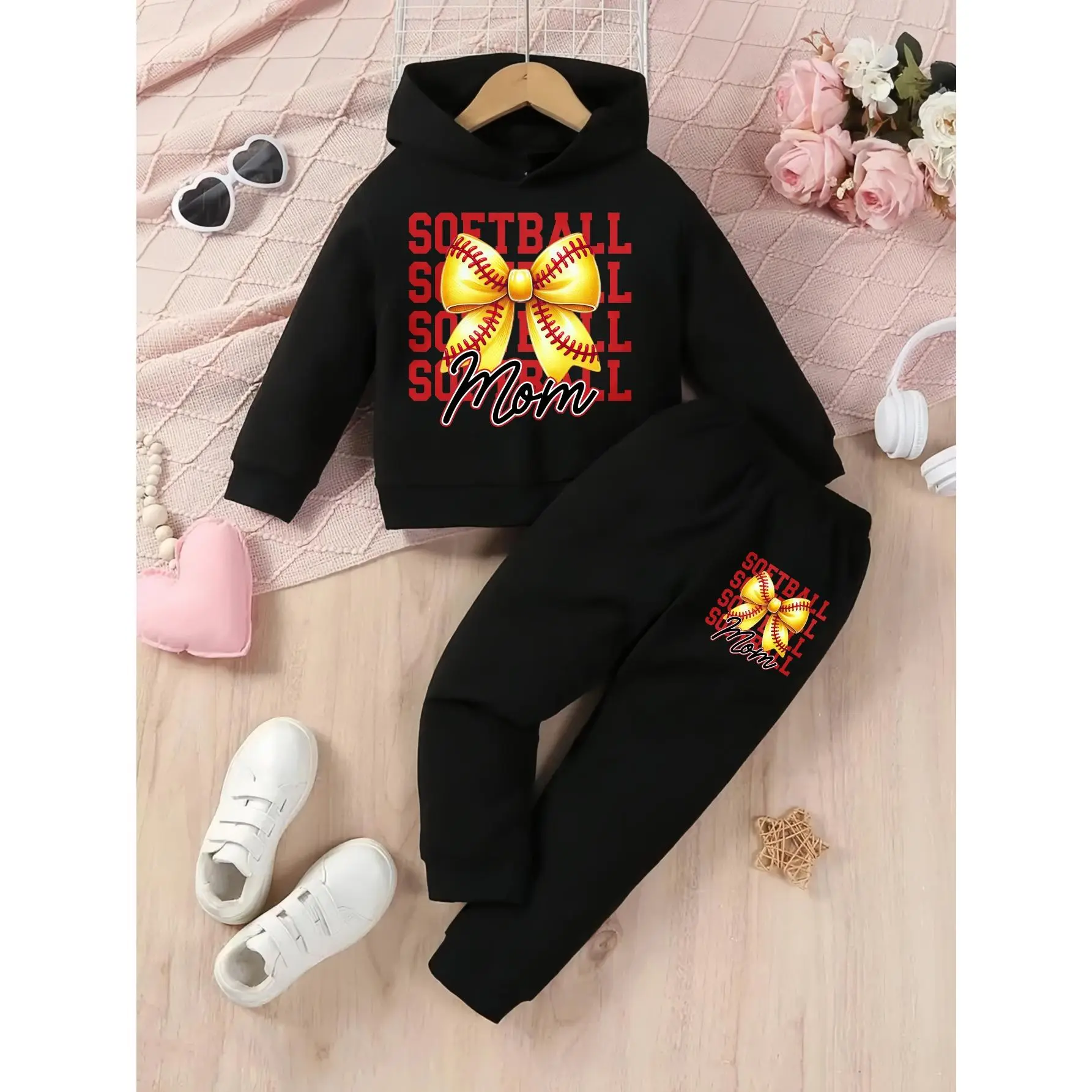 Girls Softball Hoodie & Pants Set Black Softball Print with Golden Bow and Softball Mom Text for Sports and Casual Wear, Team for sports Outfit, Athletic Clothing, Stylish Hoodie Pants, Trendy for sportswear, Stretchy Fabric, Comfortable Fit