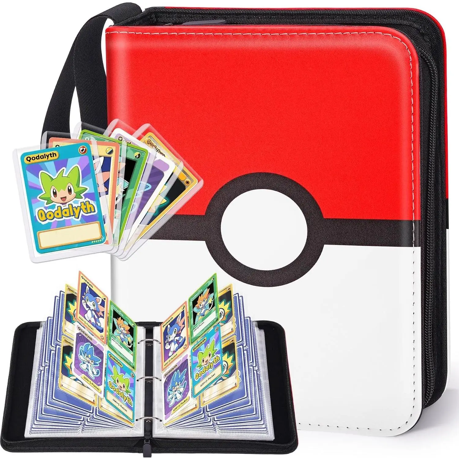 4 Pocket Zipper Card Binder Holds 400 Cards, PU Trading Card Album with 5 Hard Plastic Double-Sided Sleeves, Great for Game and Sports Cards