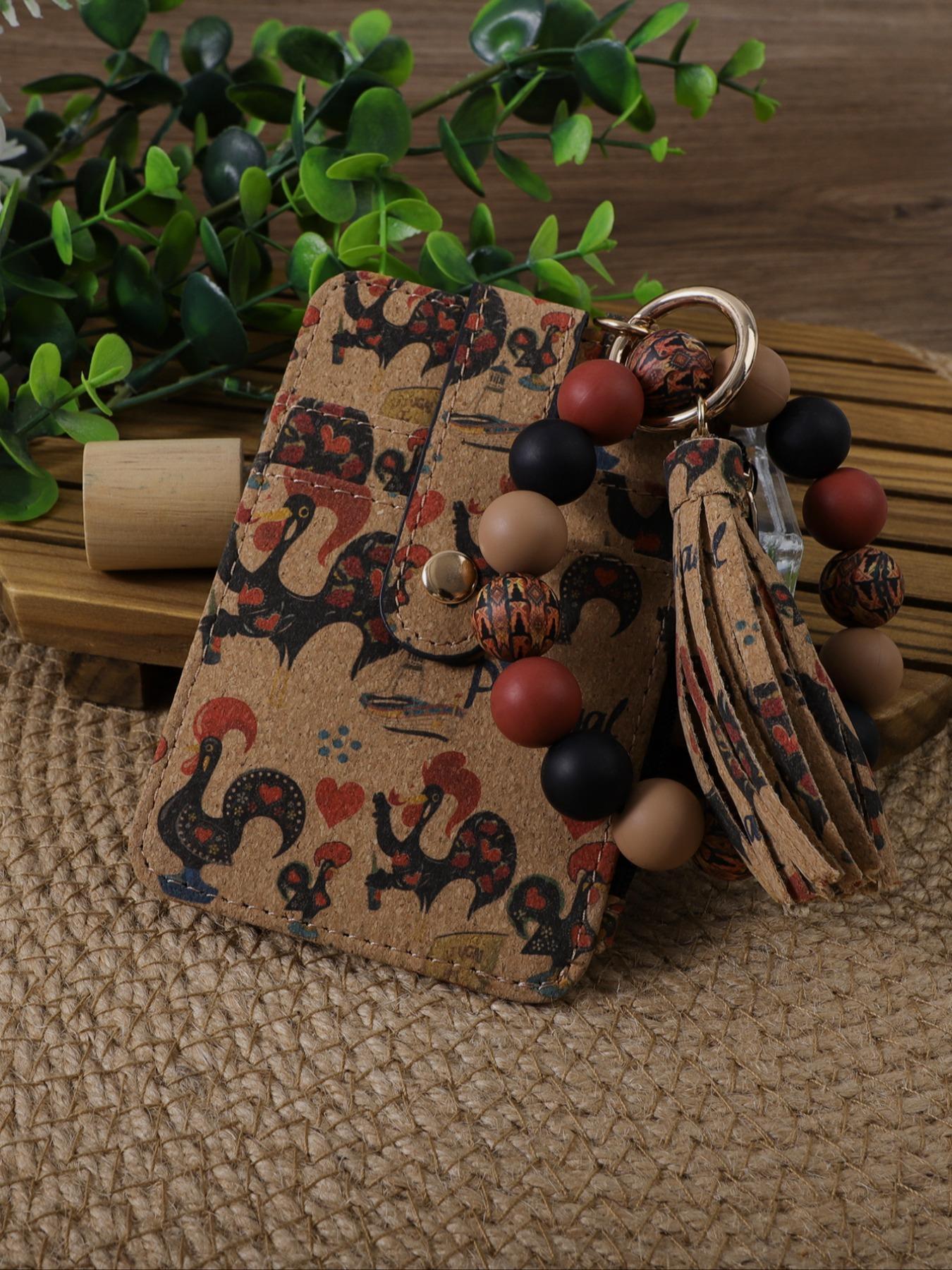 Vintage Boho Style Keychain, Stylish Keychain, Floral & Geometric Pattern Beaded Keychain with Card Holder Set for Women & Girls, Fashion Accessories for Daily Use