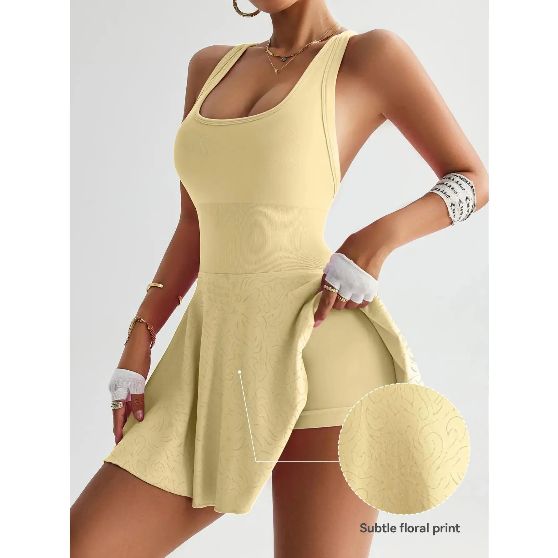Women's U-Neck Tummy Control Seamless Skort Sports Knitted Dress with Removable Padding & Backless Design,  Womenswear Compression Fit Ribbed Fabric Tummy Control Casual & Elegance Tennis Skirt