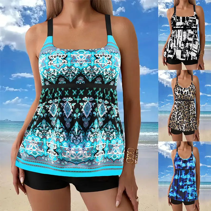 Women's Printed Tankini Swimsuits, Square Neck Loose Flowy A Line Tank Top & Boyshort Bottom 2 Piece Conservative Bathing Suit, Plus Size Available Beach Swimwear