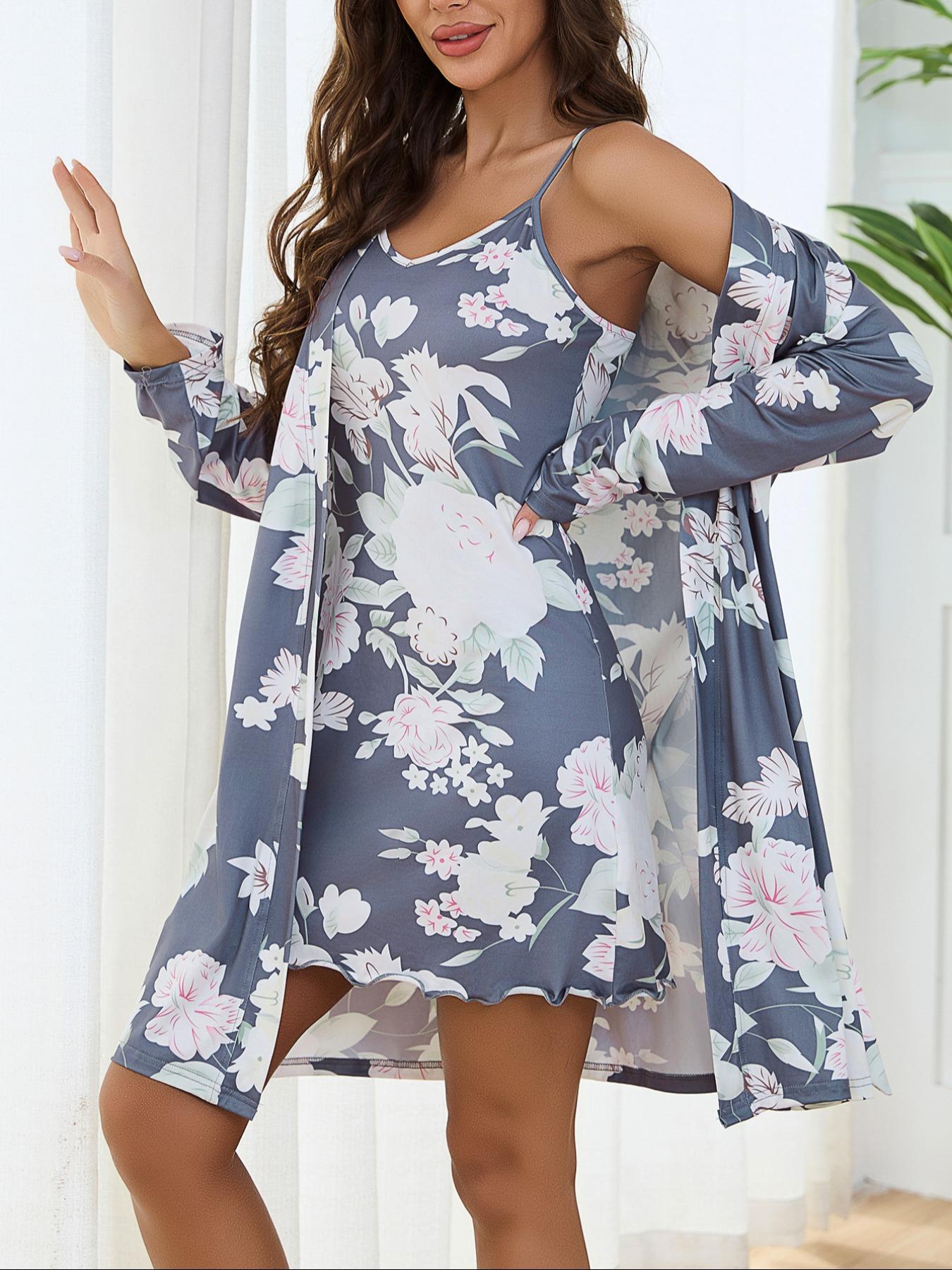 Floral Print Women's Robe and Slip Dress 2 Piece Set, Elegant and Comfortable Long Sleeve Sleepwear Dress for Casual Home Wear