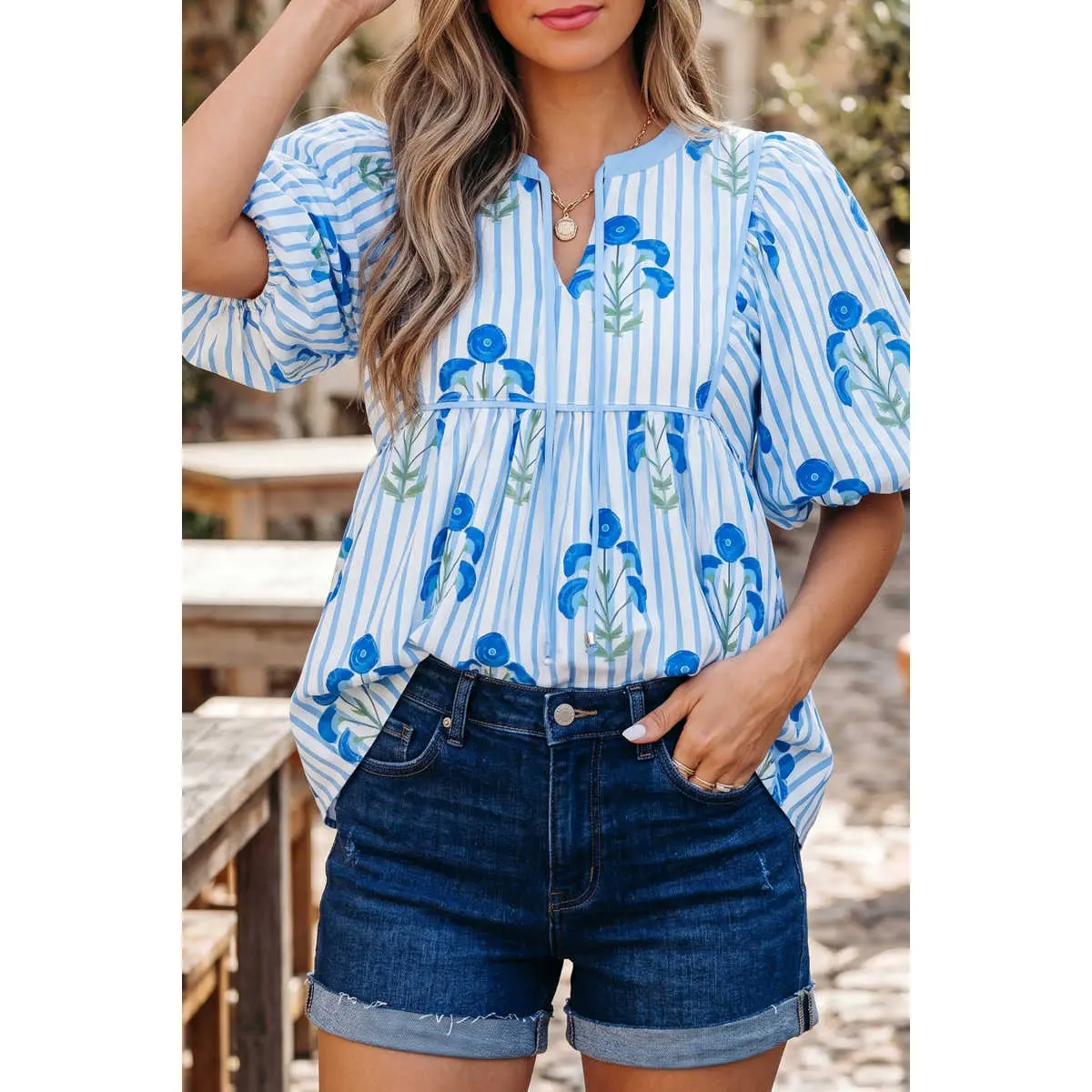 Women's Casual Striped Floral Print Blousy V-Neck Blouse - 100% Polyester Puff Sleeve Tops with Adjustable Tie Front, Center Gathering, Girly Aesthetic, Colorful Casual Wear