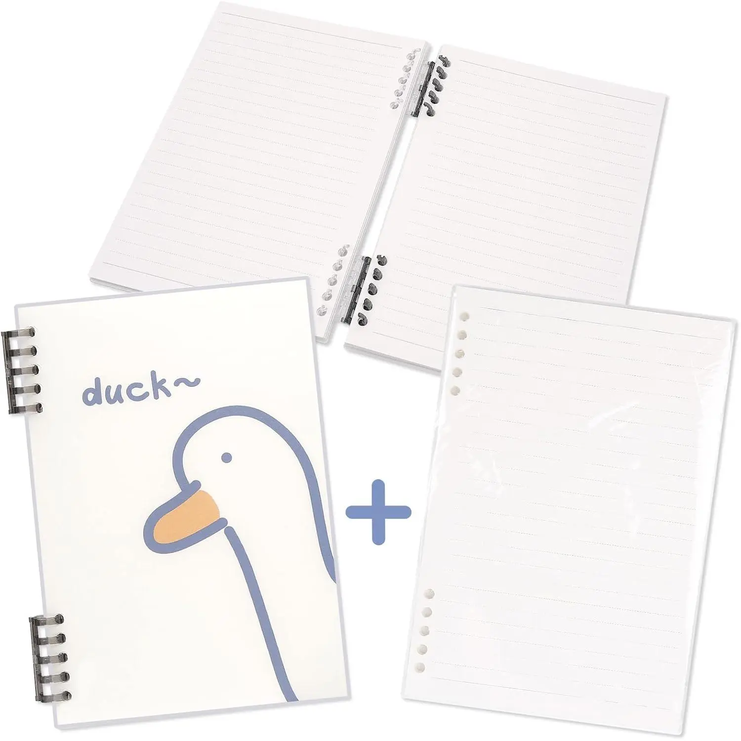 Spiral Notebook, Refillable Notebook and Filler Paper Set  120 Sheets, Notebooks College Ruled with 2 Binder Dividers Transparent Covers for  Office School (DUCK, A5)