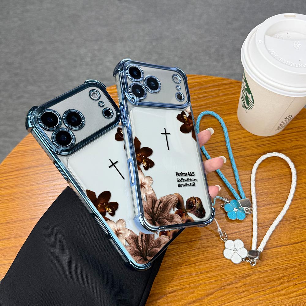Premium Plating Edge Bible Verse Case With Hand Strap For iPhone Samsung Galaxy 17Pro Max Air 16 15Plus 14 13 12 11 XR XS S25 S24 S23 S22 Aesthetic Cross Floral Case For Religious Women Daily Decor.NN129