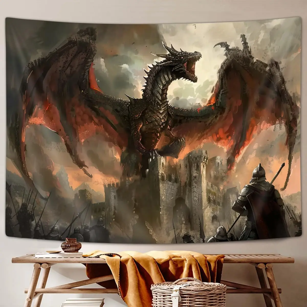 Cool Medieval Dragon Tapestry, Fantasy Animal Red Dragon Tapestry Wall Hanging for Men Boys Bedroom, Gothic Tapestries Poster Blanket College Dorm Home Decor Black