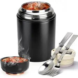 Thermo for Hot Food, 17oz Soup Thermo Lunch Box for Adults, Insulated Vacuum Food Jar Container with Spoon&Fork, Leak Proof Stainless Steel Wide Mouth Thermo for Hot & Cold Foods, Drinks (Black)