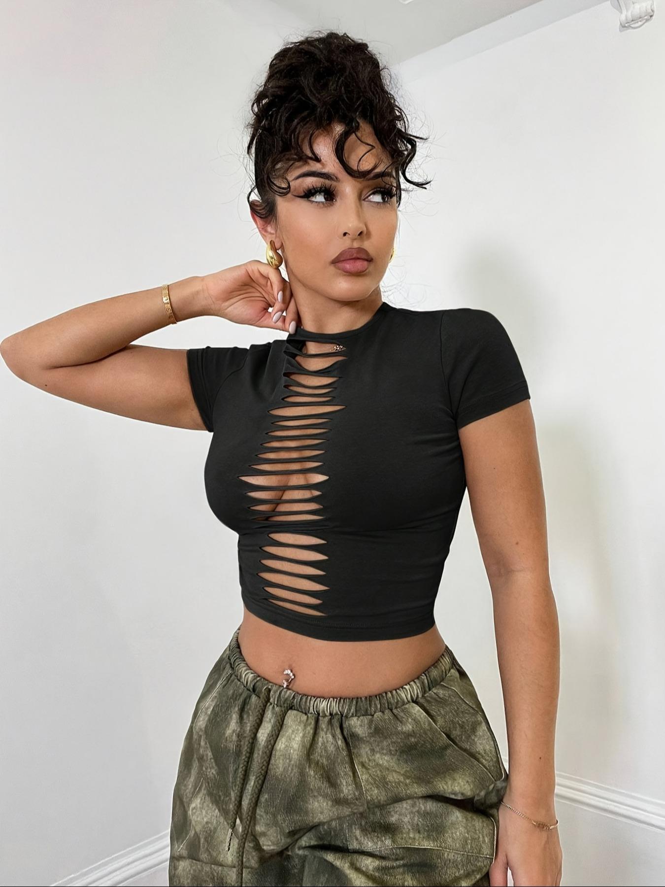 Women's Plain Hollow Out Round Neck Crop Tee, Casual Sexy Short Sleeve Crew Neck T-shirt for Summer, Fashion Women's Top for Daily Wear, Casual Fashionable Top, Womenswear