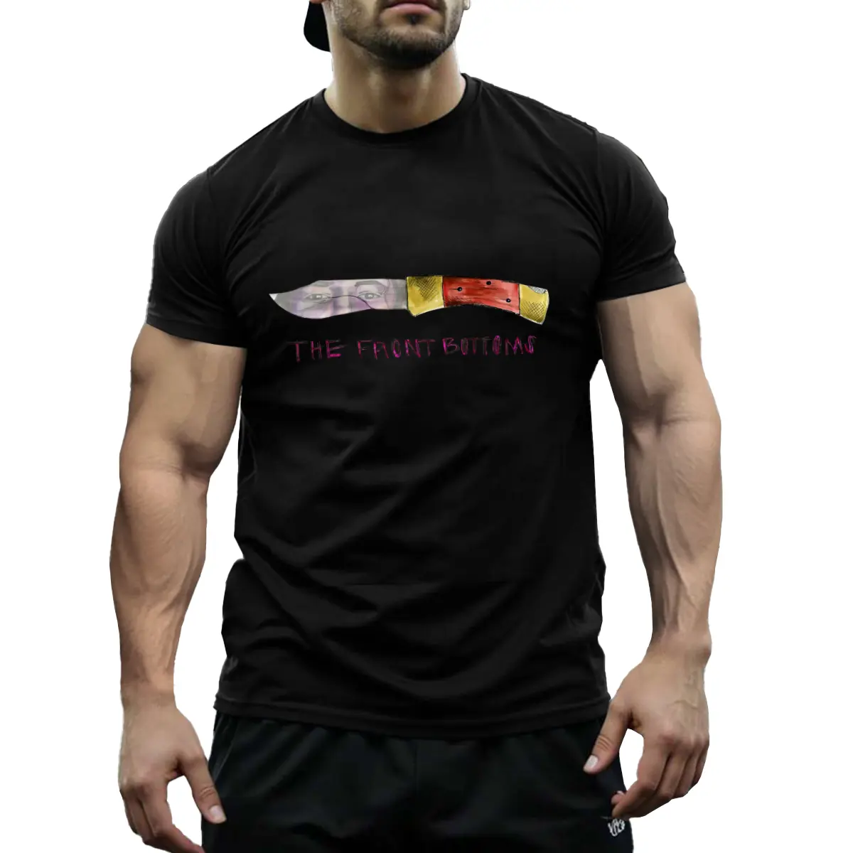 Men's Cotton T-Shirt with Hawk Graphic & "The Front Bottom" Text - Black Crew Neck Short Sleeve, Regular Fit, Stretch Fabric for All Seasons, Casual Casual Attire, Cotton T Shirts, Allseason Apparel, Artistic Print, Machine Washable