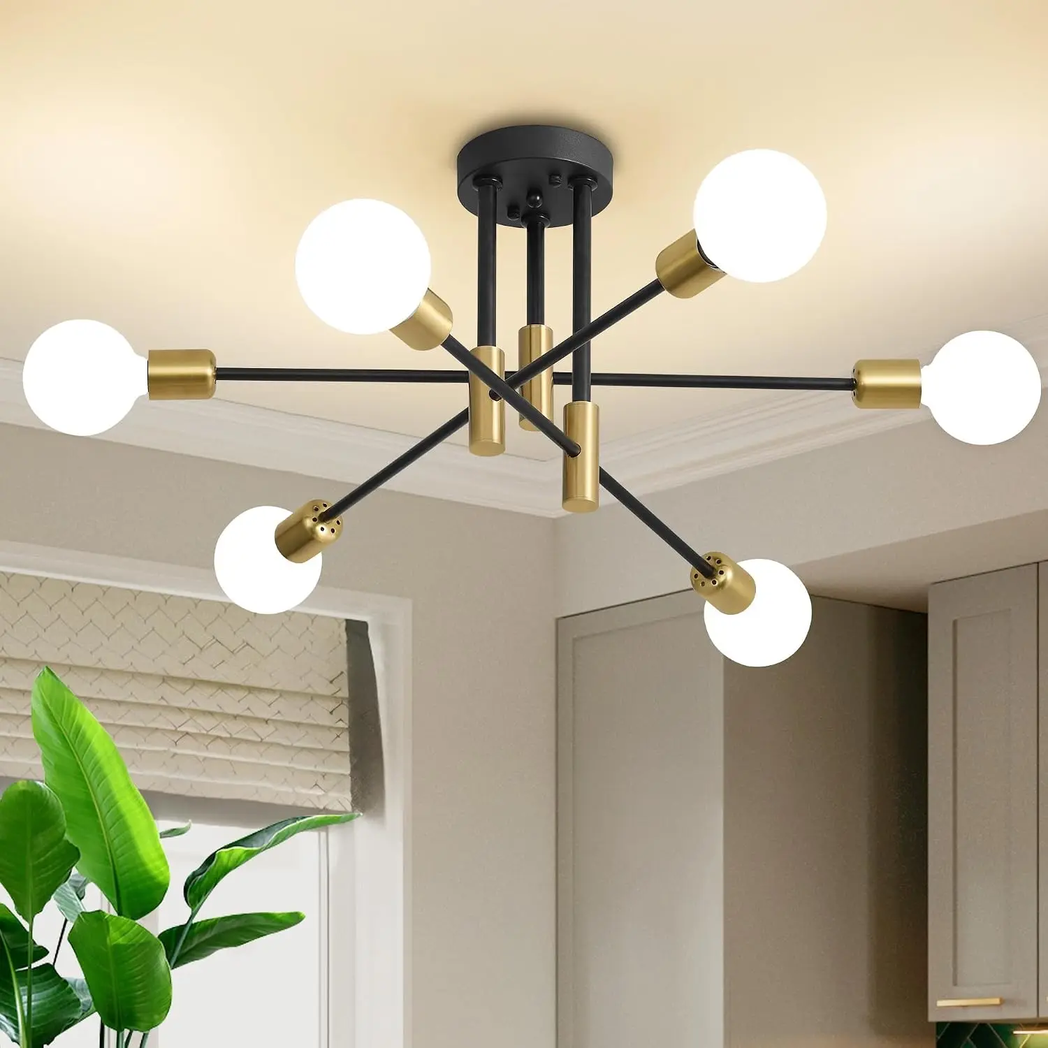 6-Light Sputnik Chandelier, 31.18" Gold&Black Mid Century Ceiling Light for Dining Room Living Room Kitchen Island (No Lampshade)