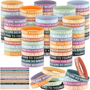 120 Pcs Bulk Affirmations Silicone Bracelets Motivational Inspirational Rubber Wristbands for Women Mental Health Student Encouragement Gifts from Teachers (Inspire, Bright)