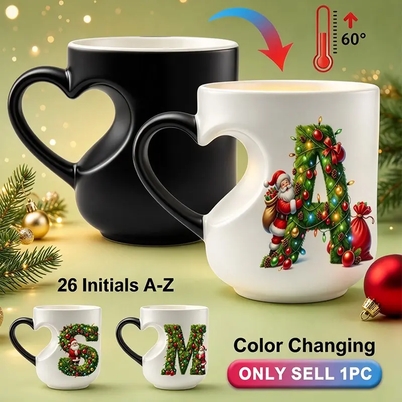 Magical Color Changing Ceramic Coffee Mug, Heart Shape Handle Initial A-Z Christmas Santa Letter Tea Cup, Coffee Cups, Funny Novelty Mug, Birthday Gifts, Christmas Gift for Women Men Holiday Present