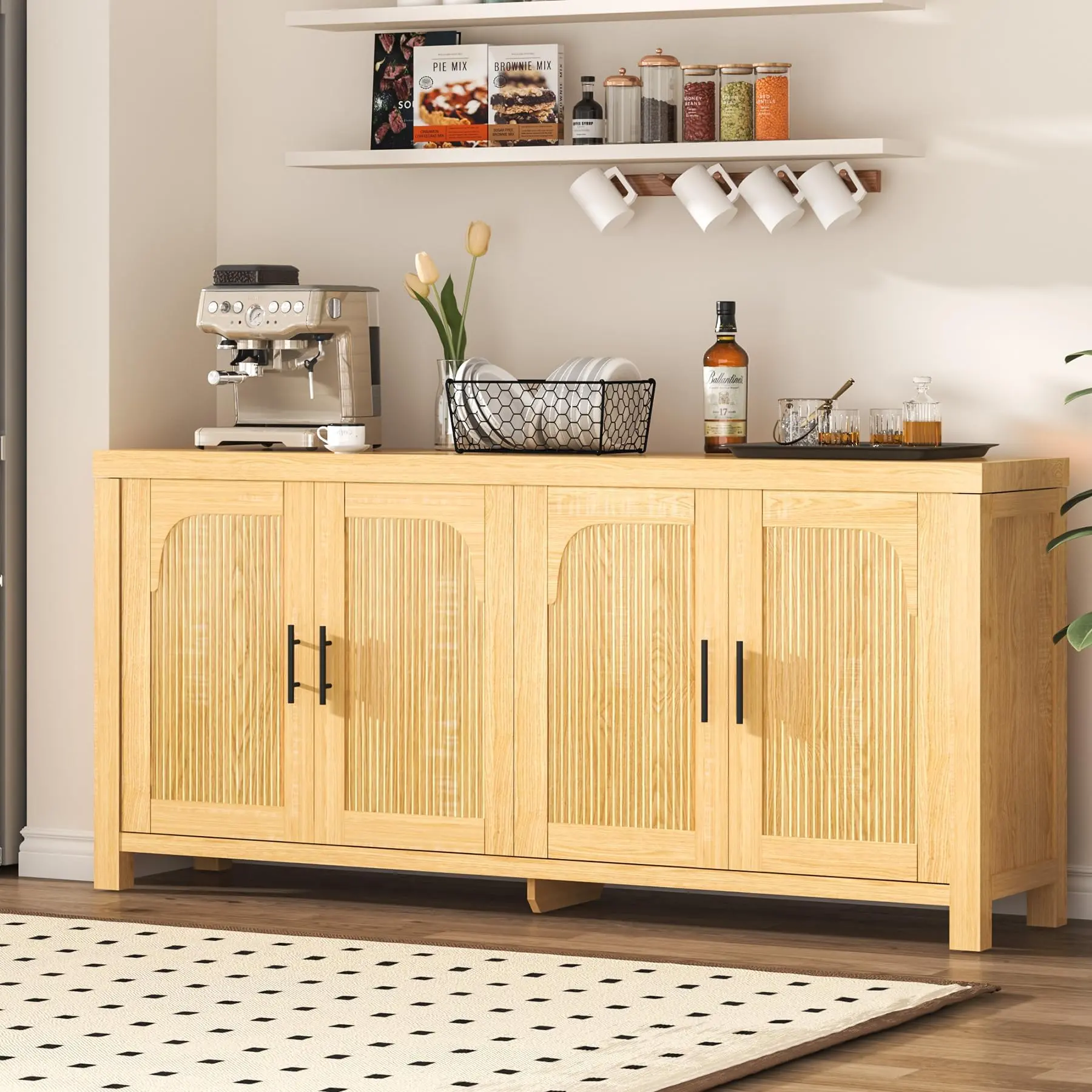 Garvee 71" Large Modern Farmhouse Sideboard Buffet Cabinet with Storage, Light Oak Credenza Featuring Fluted Arched 4-Doors, 70.9 Inch Console Table for Living and Dining Room