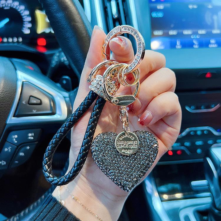 Full Rhinestone Clay Heart Keychain, Bling Love Heart Car Key Ring with Braided Leather Strap, Luxury Bag Charm Accessory for Women