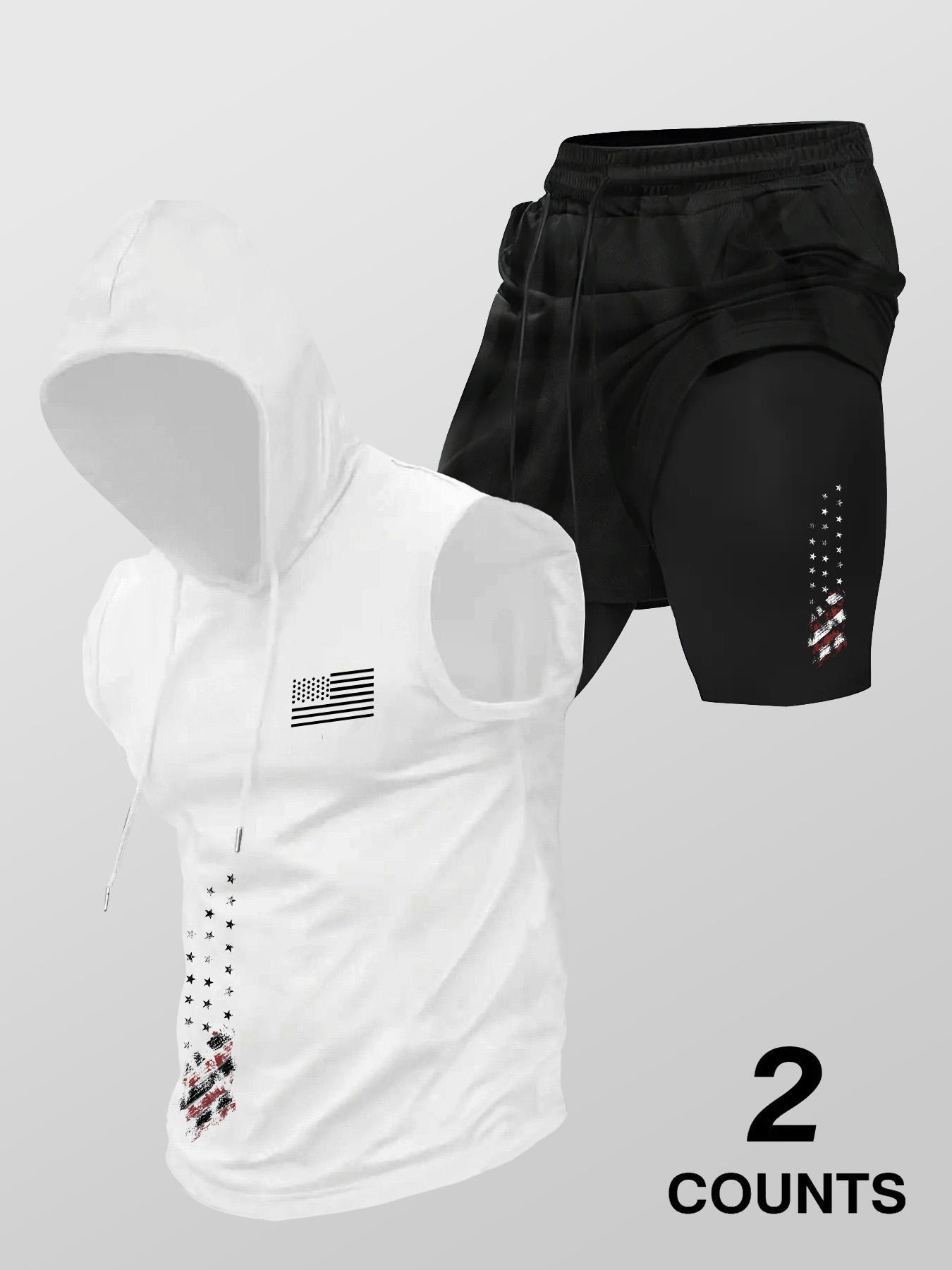 Men's Flag Print Hooded Tank Top & 2 in 1 Shorts Set, Regular Fit Two-piece Set, Casual Summer Clothes for Outdoor