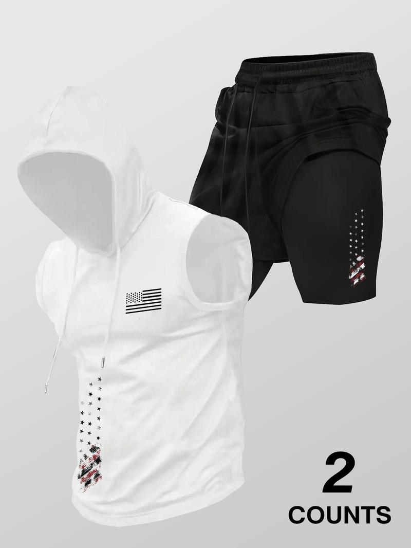 Men's Flag Print Hooded Tank Top & 2 in 1 Shorts Set, Regular Fit Two-piece Set, Casual Summer Clothes for Outdoor