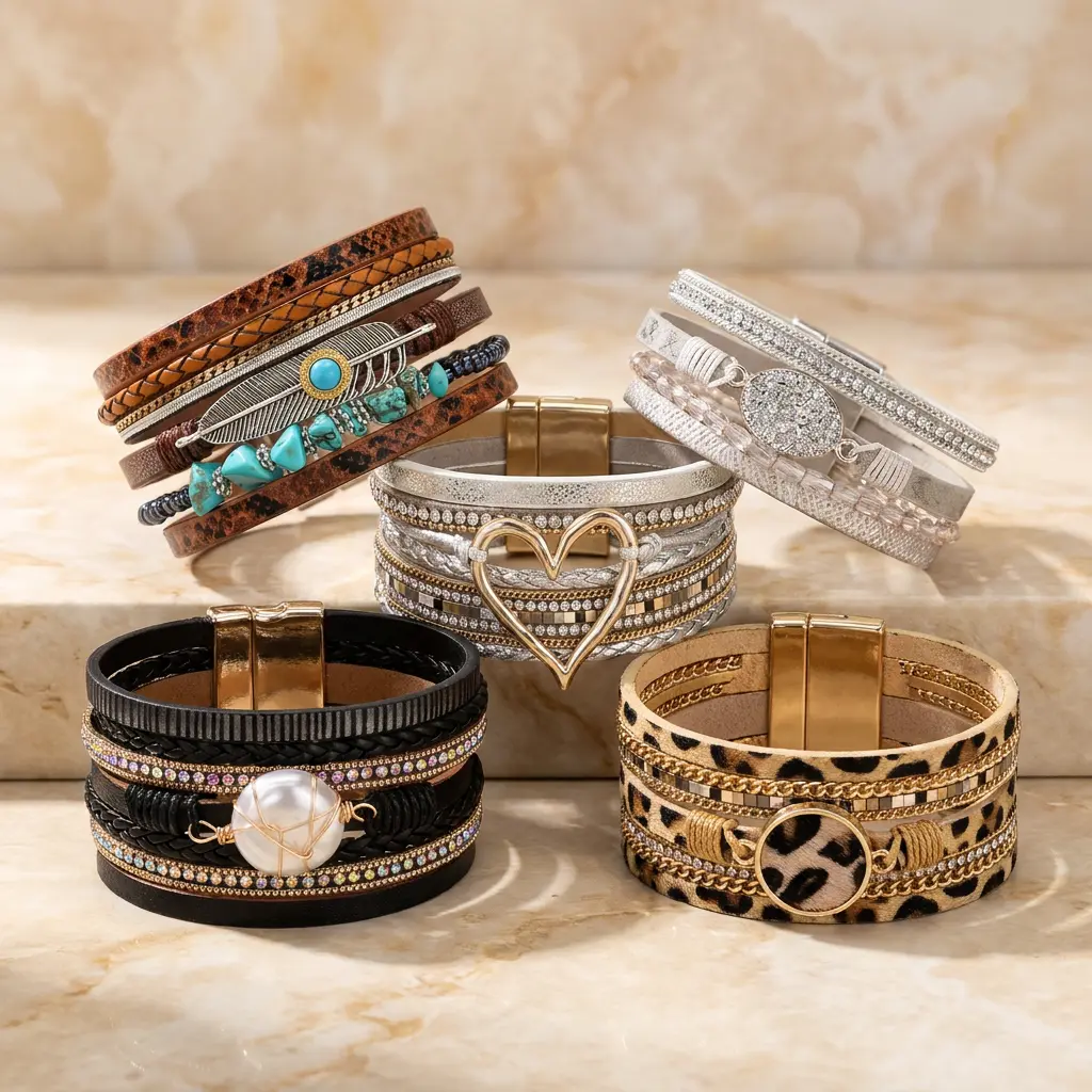 Leather Wrap Bracelet for Women, Boho Western Stacked Cuff Jewelry Stackable Bracelets, Easy-On Clasp, Daily Wear, Pairs with Boho Western Outfits, Daily Vacations, Party Wear, Jewelry, Holiday Gift