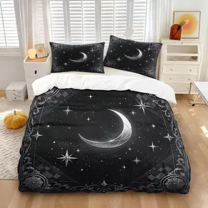 Silver Grey Rhombus Minimalist Star Moon Mandala Print Duvet Cover Set & 1-2 Coreless Pillowcases-Black Starry Sky Base with Diamond Checkerboard & Vintage Scroll Border-Soft Comfortable Retro Dark Astrology Bedroom Decor