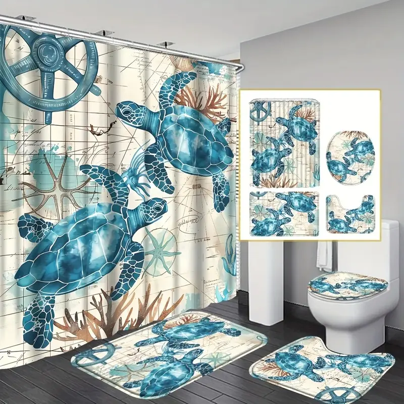 4-Piece sea turtle shower curtain set, bathroom shower curtain sets, bathroom curtain with 12 hooks, U-shaped pad, toilet cover pad, L-shaped pad, beautiful room decoration, home decoration essentials for a comfortable and safe bathroom experience